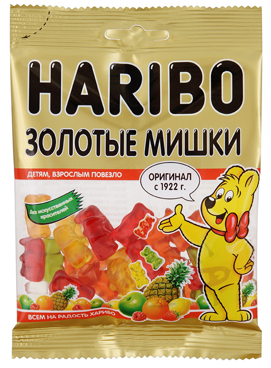 Haribo Золотые мишки жевательный мармелад, 70 г30256 Haribo Золотые мишки жевательный мармелад, 70 г30256Золотые мишки Haribo - мармелад №1! Основатель категории жевательного мармелада в России! Его знают и любят во всем мире! На протяжении 90 лет Золотые мишки от Haribo - это эталон фруктового жевательного мармелада! Золотые мишки - это лучший друг внимательной и заботливой мамы, которая любит угощать своего ребенка легкими и фруктовыми сладостями! Жевательный мармелад со вкусом клубники, лимона, малины, апельсина, ананаса и яблока никого не оставит равнодушным! Уважаемые клиенты! Обращаем ваше внимание, что полный перечень состава продукта представлен на дополнительном изображении.