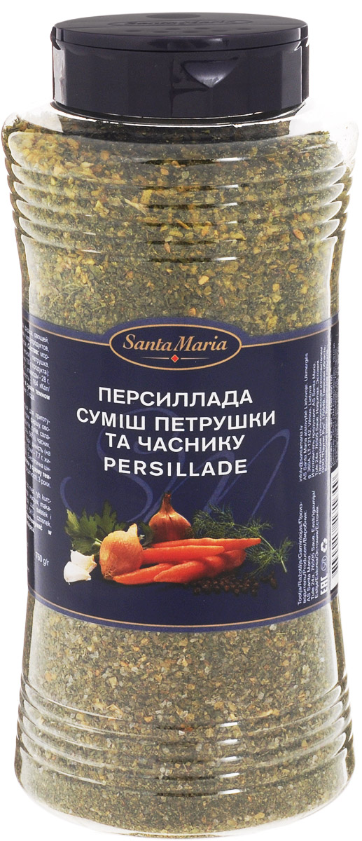 Santa Maria Приправа Персиллада, 760 г17164 Santa Maria Приправа Персиллада, 760 г17164Приправа Santa Maria Персиллада - это сбалансированная смесь соли, чеснока и петрушки. Часто используется вместо соли при приготовлении. Подходит для блюд из рыбы, курицы, мяса, фарша, овощей, макаронных изделий и морепродуктов, супов, салатов, соусов.