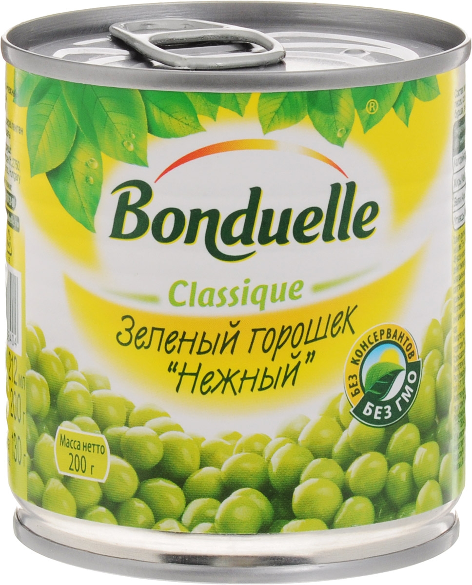 Bonduelle зеленый горошек Нежный, 200 г456 Bonduelle зеленый горошек Нежный, 200 г456Нежнейший и сладкий зеленый горошек непревзойденного качества тщательно отбирается, прежде чем попасть в банку. Только у Bonduelle процесс от сбора с грядки до упаковки проходит всего за 4 часа - поэтому на вашем столе всегда самый лучший горошек мозговых сортов, в котором содержится меньше крахмала, больше витаминов и яркого вкуса. Настоящая классика Bonduelle - продукты, давно знакомые и востребованные, а значит, их качество проверено временем и подтверждено любовью миллионов хозяек и поваров. Без них невозможно представить ни один стол нашей страны, а особенно праздничное меню, где обязательно будут салаты с горошком. Уважаемые клиенты! Обращаем ваше внимание, что полный перечень состава продукта представлен на дополнительном изображении.