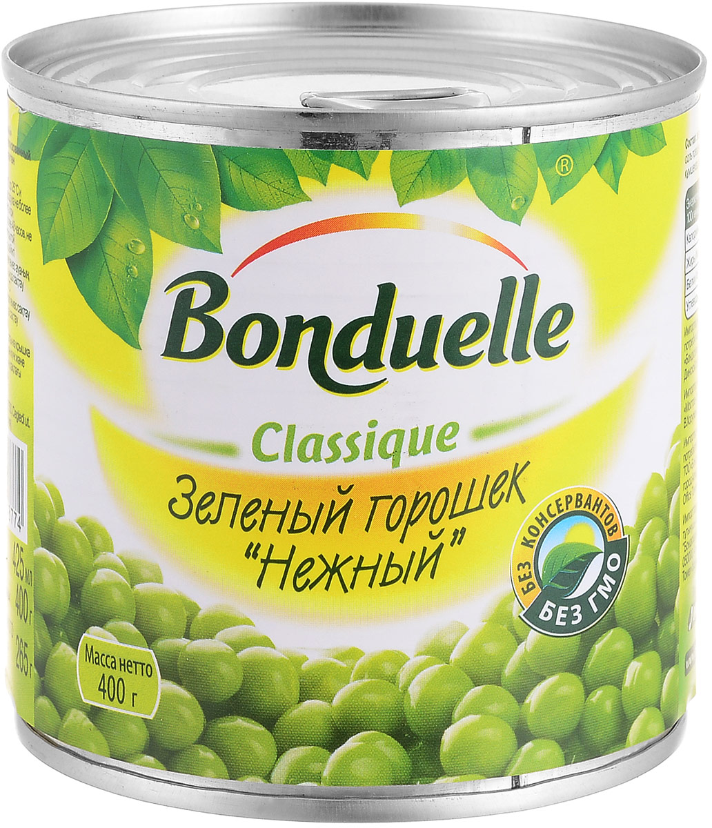 Bonduelle зеленый горошек Нежный, 400 г2447 Bonduelle зеленый горошек Нежный, 400 г2447Нежнейший и сладкий зеленый горошек непревзойденного качества тщательно отбирается, прежде чем попасть в банку. Только у Bonduelle процесс от сбора с грядки до упаковки проходит всего за 4 часа - поэтому на вашем столе всегда самый лучший горошек мозговых сортов, в котором содержится меньше крахмала, больше витаминов и яркого вкуса. Уважаемые клиенты! Обращаем ваше внимание, что полный перечень состава продукта представлен на дополнительном изображении.
