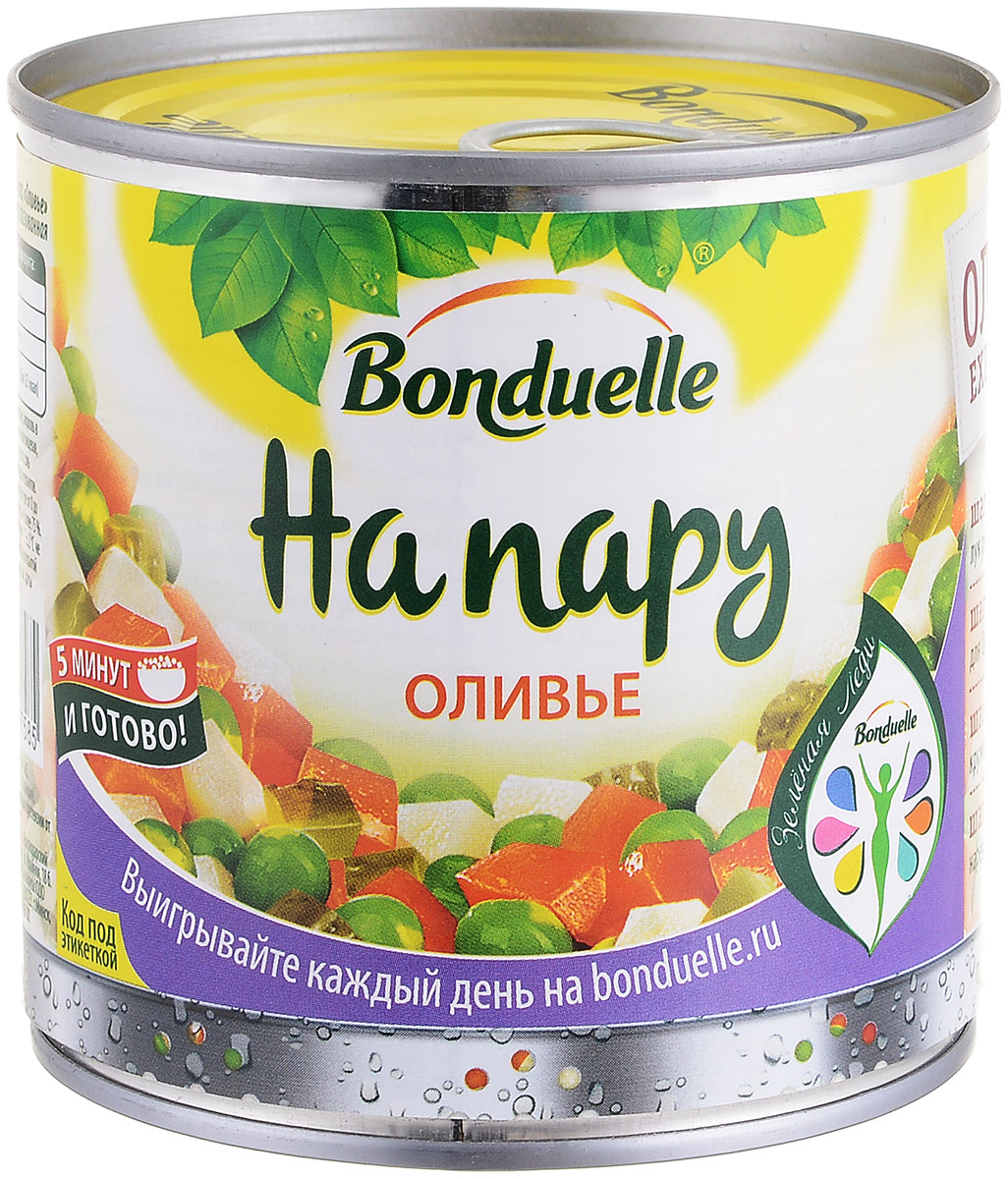Bonduelle оливье На пару, 310 г5308 Bonduelle оливье На пару, 310 г5308Овощная смесь для салата Оливье от компании Bonduelle - это совершенно особенные продукты, уникальные для консервации. Чтобы полностью сохранить вкус, аромат и полезные свойства овощей, применен ускоренный нагрев и обработка паром под высоким давлением. В итоге - более хрустящие овощи и в 3 раза меньше заливки! Уважаемые клиенты! Обращаем ваше внимание, что полный перечень состава продукта представлен на дополнительном изображении.