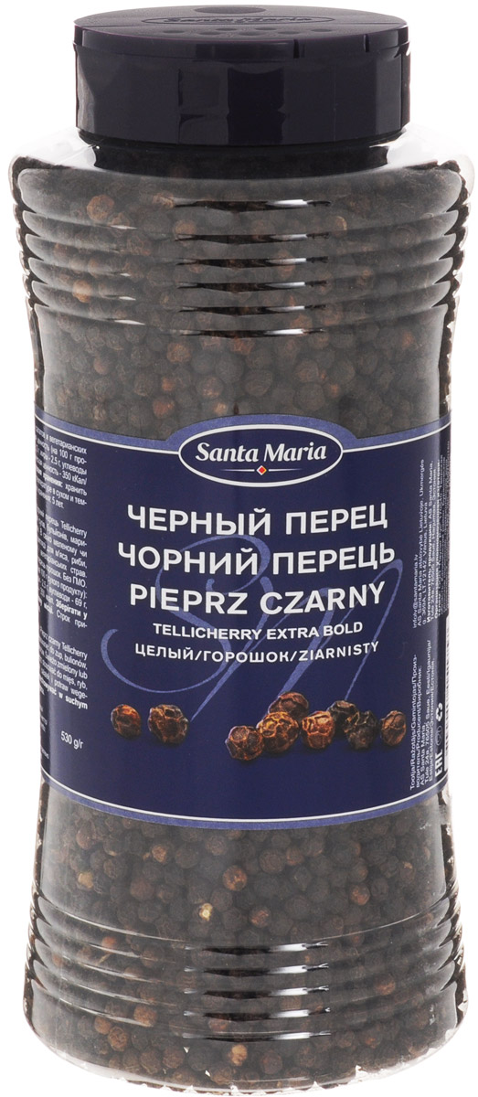 Santa Maria Черный перец целый, 530 г15175 Santa Maria Черный перец целый, 530 г15175Черный перец целый Santa Maria подходит для приготовления супов, маринадов и консервирования. В супы лучше добавлять за пять минут до готовности. В измельченном виде подходит для мяса, рыбы, курицы, салатов и вегетарианских блюд.
