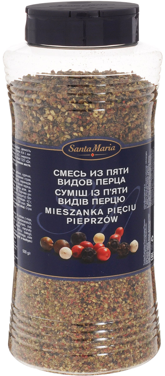Santa Maria Смесь из пяти видов перца, 500 г17705 Santa Maria Смесь из пяти видов перца, 500 г17705Смесь из пяти видов перца объединяет в себе остроту черного, мягкость белого, изысканность розового, аромат зеленого и душистого перцев. Подходит для мясных, рыбных, куриных, вегетарианских и тушеных блюд, супов, салатных соусов и маринадов. Уважаемые клиенты! Обращаем ваше внимание, что полный перечень состава продукта представлен на дополнительном изображении.