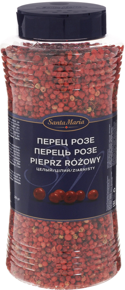Santa Maria Перец розе, 260 г17709 Santa Maria Перец розе, 260 г17709По форме и легкому остро-сладкому вкус ягод похож на перец. Запах пряности нежный, с нотками аниса, имбиря, ментола, цитрусовых, изюма и можжевельника. Идеальная приправа для нежных, деликатных и легких блюд. Часто используется для украшения.