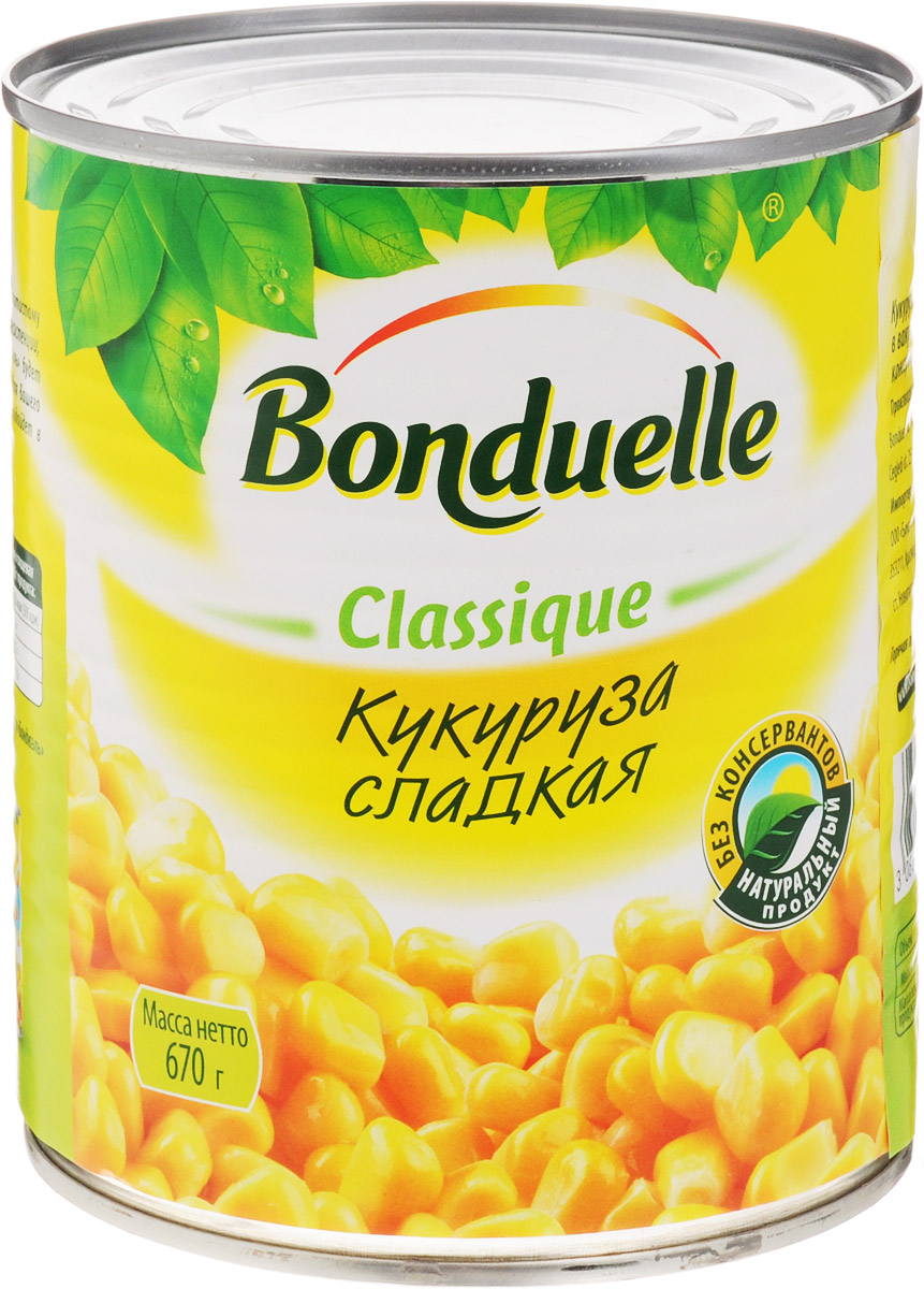 Bonduelle кукуруза сладкая, 670 г3835 Bonduelle кукуруза сладкая, 670 г3835Благодаря своему яркому золотистому цвету, сочной и хрустящей консистенции, сладкая кукуруза Bonduelle будет незаменимым ингредиентом для вашего салата, а также отлично подойдет в качестве закуски или гарнира.