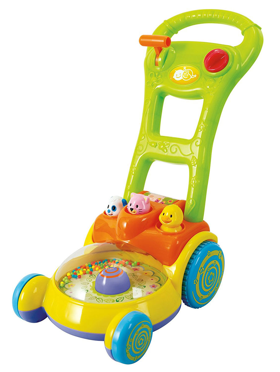 Playgo Игрушка-каталка Забавная газонокосилкаPlay 2575 Playgo Игрушка-каталка Забавная газонокосилкаPlay 2575Развивающая игрушка-каталка Playgo Забавная газонокосилка может использоваться как ходунки для малыша, совершающего первые самостоятельные шаги. Ребенку нужно будет лишь, держась за удобную ручку каталки, толкать ее перед собой и шагать следом. Благодаря четырем большим колесикам модель достаточно устойчивая и родители могут быть уверены, что она не перевернется. На панели каталки расположен круг с прозрачным куполом и мелкими гремящими элементами внутри. Когда игрушка в движении, круг крутится, создавая легкий гремящий шум. Чуть выше круга расположены фигурки животных и подвижный барабан, которые также приходят в движение, когда малыш везет газонокосилку. Яркие трещотки на ручке сделают игру еще более веселой. Игрушка развивает координацию движений, тактильные навыки и мелкую моторику рук ребенка, а издаваемые звуки будут активно стимулировать слух малыша.