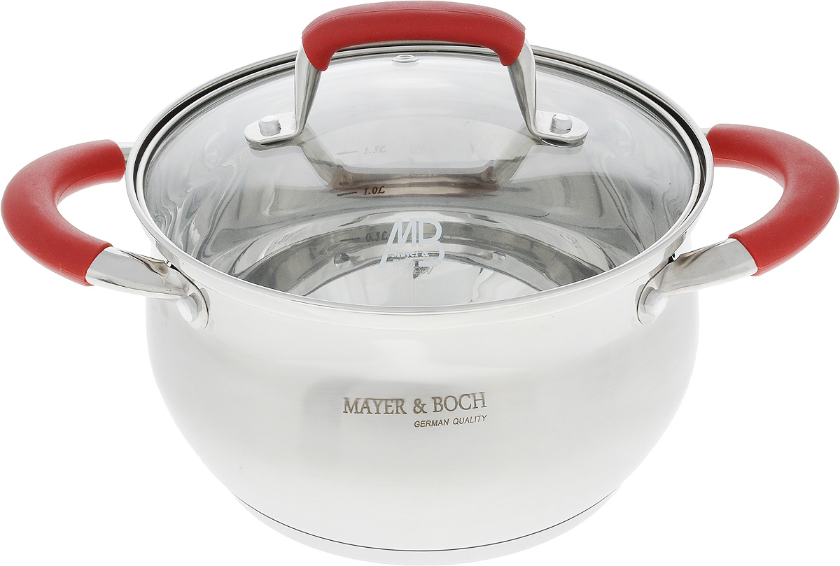 Кастрюля Mayer & Boch с крышкой, цвет: красный, стальной, 2,7 л22800_красный Кастрюля Mayer & Boch с крышкой, цвет: красный, стальной, 2,7 л22800_красныйКастрюля Mayer & Boch изготовлена из высококачественной нержавеющей стали с комбинированной полировкой. Нержавеющая сталь обладает высокой устойчивостью к коррозии, не вступает в реакцию с холодными и горячими продуктами и полностью сохраняет их вкусовые качества. Материал удерживает тепло по всей поверхности изделия, благодаря чему пища равномерно и быстро нагревается. Посуда идеальна для приготовления здоровой пищи с минимальным количеством жира, что обеспечивает снижение потери полезных витаминов, минеральных веществ и сохраняет аромат приготовленных блюд. Посуда очень удобна в использовании, практична и элегантна. Ручки оснащены силиконовой накладкой, благодаря чему не нагреваются во время приготовления пищи. Крышка выполнена из термостойкого стекла, имеет металлический ободок и отверстие для выпуска пара, стекло позволит наблюдать за процессом приготовления пищи. Внутренние стенки имеют отметки литража. Подходит для всех типов...