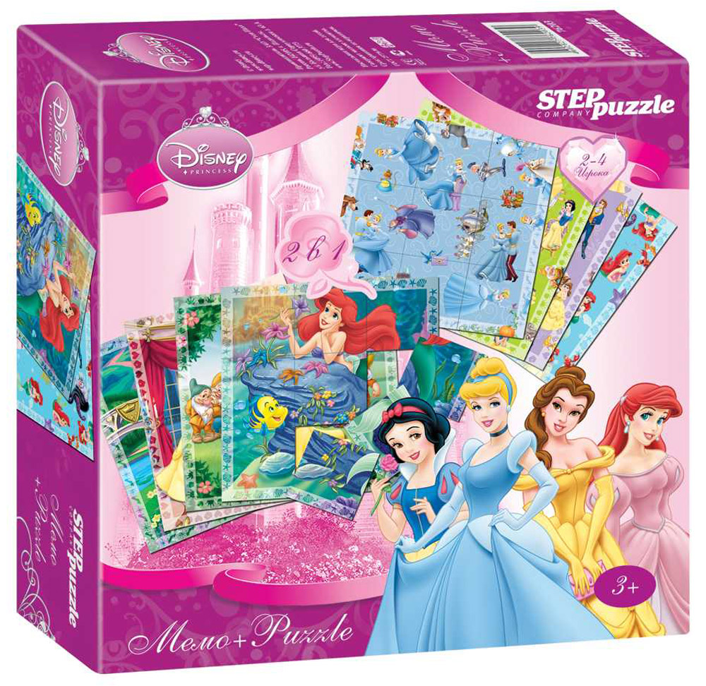 Step Puzzle Мемо и пазл Принцессы Disney76203 Step Puzzle Мемо и пазл Принцессы Disney76203Набор Step Puzzle Принцессы Disney состоит из двух игр. В первом случае дети наперегонки собирают картинки-пазлы, кто первый собрал, тот и выиграл. Для усложнения данного варианта используют принцип игры в Memo: карточки переворачивают лицевой стороной вниз и игроки, в порядке очерёдности, их открывают, стараясь открыть те картинки, которые относятся к их Puzzle. В случае ошибки, карточка переворачивается обратно, и ход переходит к следующему игроку. Во втором случае используется сторона карточек с маленькими фигурками. Их нужно быстрее всех собрать в цельную квадратную картинку (3 х 3) таким образом, чтобы все фигурки состыковывались. Такие игры развивают наблюдательность, память, дух соревнования.
