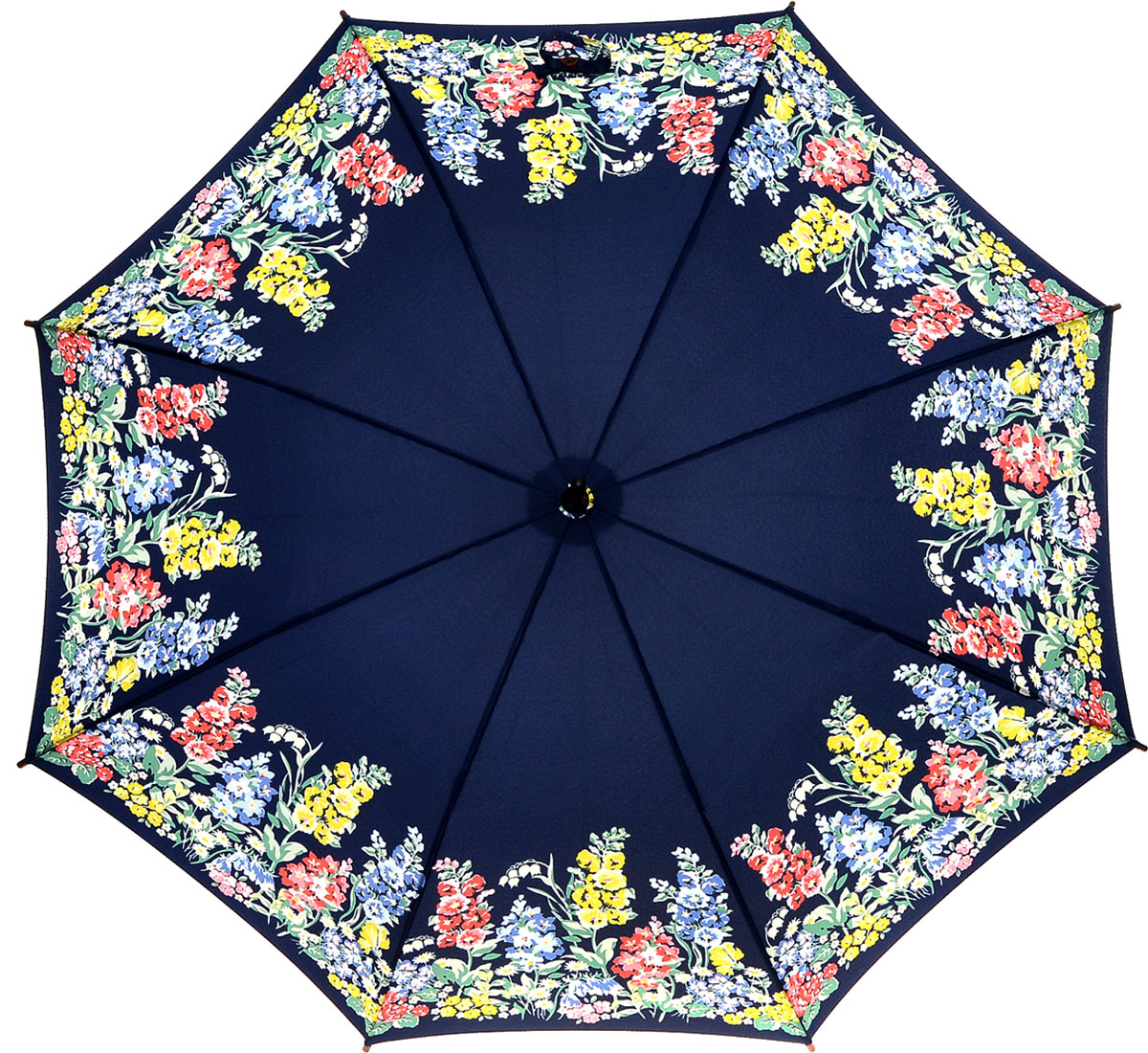 Зонт-трость женский Cath Kidston Kensington, механический, цвет: темно-синий, желтый, зеленый, розовый. L541-3142L541-3142 HerbaceousBorder Зонт-трость женский Cath Kidston Kensington, механический, цвет: темно-синий, желтый, зеленый, розовый. L541-3142L541-3142 HerbaceousBorderЯркий механический зонт-трость Cath Kidston Kensington даже в ненастную погоду позволит вам оставаться стильной и элегантной. Каркас зонта включает 8 спиц из фибергласса с деревянным наконечниками. Стержень изготовлен из дерева. Купол зонта выполнен из износостойкого полиэстера и оформлен цветочным принтом. Изделие дополнено удобной рукояткой из гладкого дерева. Зонт механического сложения: купол открывается и закрывается вручную до характерного щелчка. Модель дополнительно застегивается с помощью двух хлястиков: на кнопку и липучку с декоративной пуговицей. Такой зонт не только надежно защитит вас от дождя, но и станет стильным аксессуаром, который идеально подчеркнет ваш неповторимый образ.