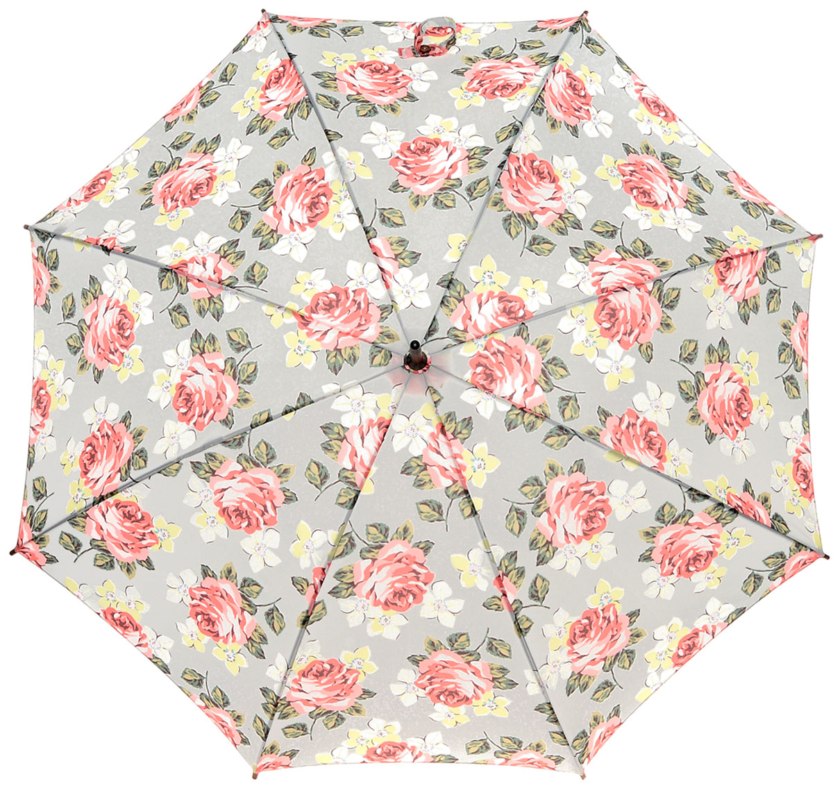 Зонт-трость женский Cath Kidston Kensington, механический, цвет: светло-серый, розовый, зеленый. L541-3143L541-3143 RichmondRose Зонт-трость женский Cath Kidston Kensington, механический, цвет: светло-серый, розовый, зеленый. L541-3143L541-3143 RichmondRoseЯркий механический зонт-трость Cath Kidston Kensington даже в ненастную погоду позволит вам оставаться стильной и элегантной. Каркас зонта включает 8 спиц из фибергласса с деревянным наконечниками. Стержень изготовлен из дерева. Купол зонта выполнен из износостойкого полиэстера и оформлен цветочным принтом. Изделие дополнено удобной рукояткой из гладкого дерева. Зонт механического сложения: купол открывается и закрывается вручную до характерного щелчка. Модель дополнительно застегивается с помощью двух хлястиков: на кнопку и липучку с декоративной пуговицей. Такой зонт не только надежно защитит вас от дождя, но и станет стильным аксессуаром, который идеально подчеркнет ваш неповторимый образ.