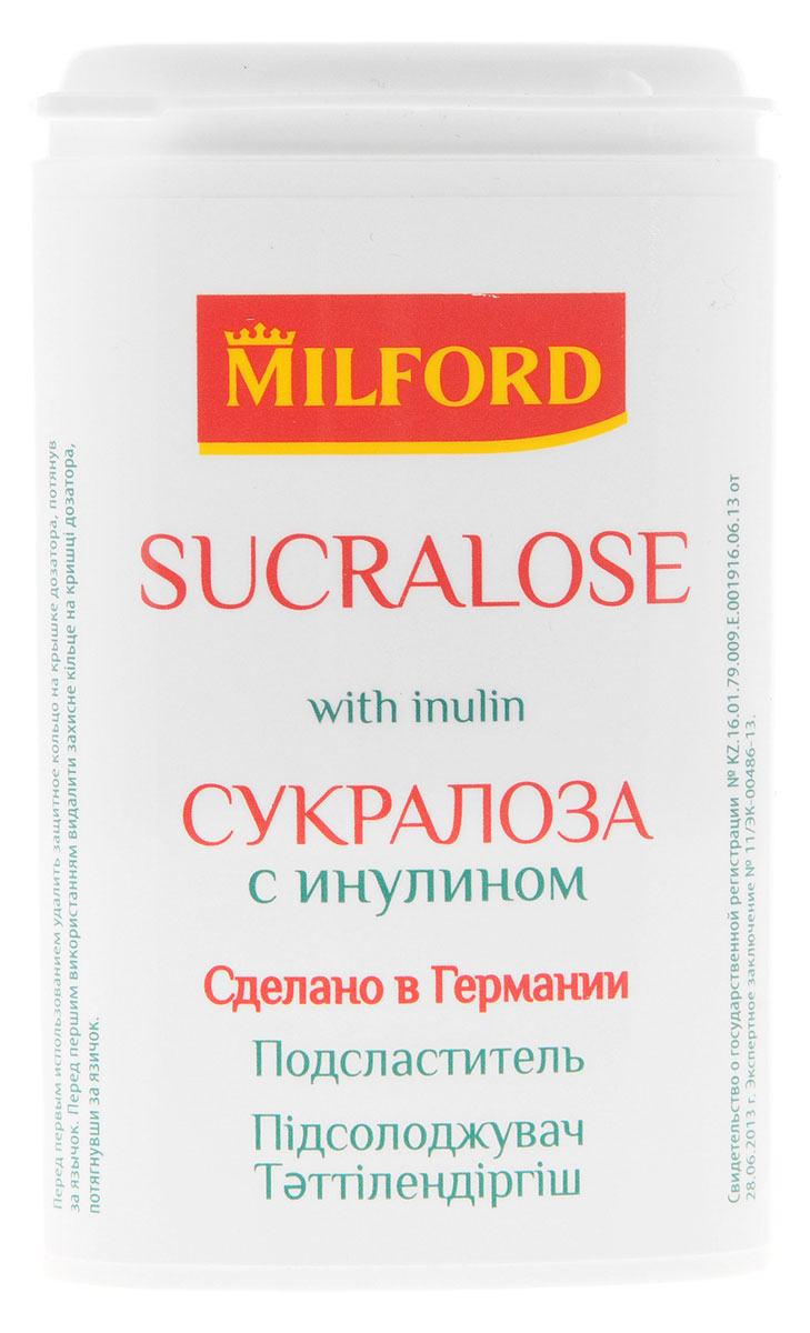 Milford Подсластитель сукралоза с инулином, 370 штнаа107 Milford Подсластитель сукралоза с инулином, 370 штнаа107Подсластитель (заменитель сахара) с натуральными веществами: сукралозой и инулином. Сукралоза - продукт получаемый в процессе переработки обычного сахара. Сукралоза не влияет на уровень сахара в крови, не вызывает кариес, не повышает аппетит. Калорийность сукралозы приближена к нулю, при этом она в сотни раз слаще сахара. Инулин - пребиотик растительного происхождения, его получают из растений (цикорий, топинамбур). Инулин создает благоприятные условия в кишечнике для размножения полезных бактерий снижает уровень плохого холестерина, полезен для организма еще по ряду показателей. Подсластитель Milford Сукралоза с инулином подойдет тем, кто придерживается диеты, следит за своим весом. По рекомендации врача, Сукралоза с инулином может использоваться в пищу людьми с сахарным диабетом. Уважаемые клиенты! Обращаем ваше внимание, что полный перечень состава продукта представлен на дополнительном изображении.