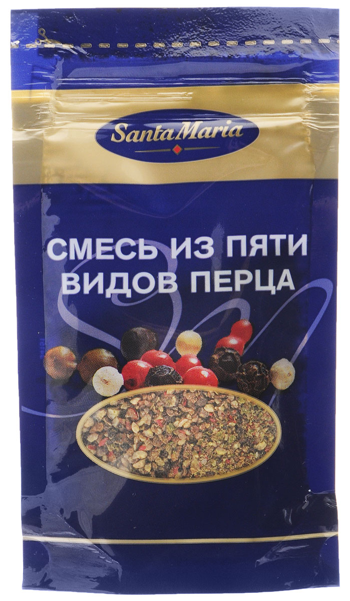 Santa Maria Смесь из пяти видов перца, 16 г13619 Santa Maria Смесь из пяти видов перца, 16 г13619Смесь из пяти видов перца объединяет в себе остроту черного, мягкость белого, изысканность розового, аромат зеленого и душистого перцев. Подходит к большинству блюд. В измельченном виде используется для приготовления мяса, рыбы, курицы, салатов и вегетарианских блюд. Уважаемые клиенты! Обращаем ваше внимание, что полный перечень состава продукта представлен на дополнительном изображении.