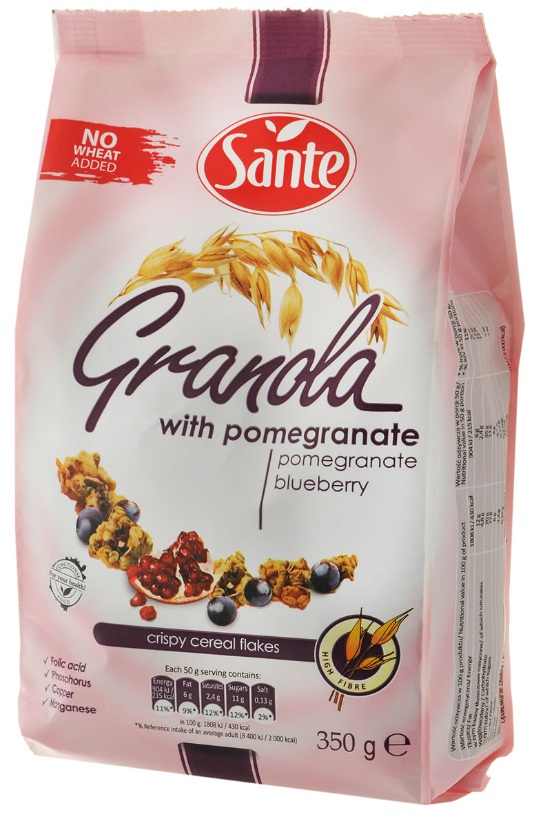 Sante Granola хрустящие злаковые хлопья с гранатом и черникой, 350 г5900617011930 Sante Granola хрустящие злаковые хлопья с гранатом и черникой, 350 г5900617011930Гранола с ягодами – это богатый клетчаткой продукт (6,0%). Гранола содержит сложные углеводы, которые так необходимы для нашего мозга. Гранат получил известность в древние времена. Китайцы называли гранат концентрированной жизнью, полагая, что его употребление может продлить жизнь. Для египтян и греков гранат был священным плодом. Древние греки считали, что гранат – это дар вечной молодости и плодовитости. Гранола Sante - производится из натуральных составляющих без консервантов и искусственных красителей, с добавлением тростникового сахара и морской соли. Гранола производится из цельнозернового овса, сохраняя все важные и полезные элементы – витамины группы B, растительный белок, минералы, фосфор, магний, железо, цинк. Гранола – это богатый источник клетчатки. Также Гранола содержит инулин, который относится к пребиотикам, стимулирующим рост полезных бактерий в кишечнике. Уважаемые клиенты! Обращаем ваше внимание, что полный...