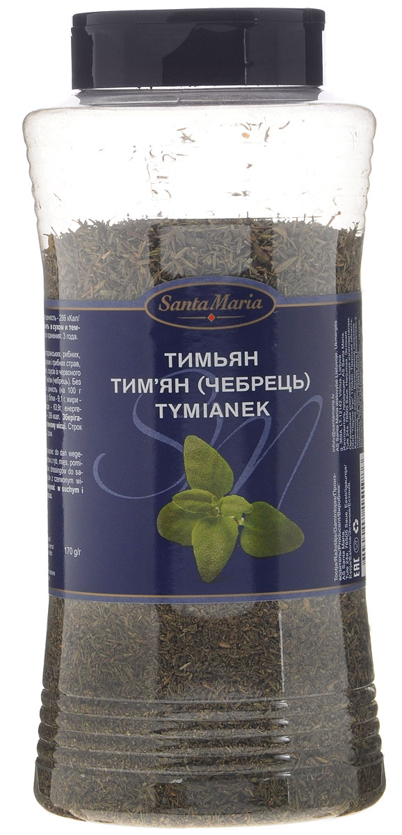 Santa Maria Тимьян чабрец, 170 г15198 Santa Maria Тимьян чабрец, 170 г15198Santa Maria Тимьян чабрец идеально подходит для приготовления вегетарианских, рыбных, мясных и грибных блюд, соусов.