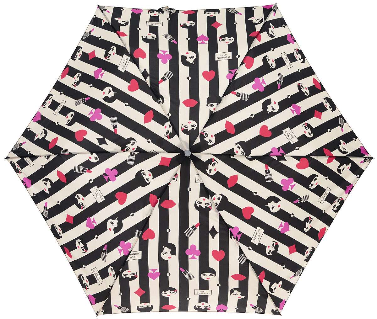 Зонт женский Lulu Guinness Superslim, механический, 3 сложения, цвет: черный, бежевый. L718-2683L718-2683 DollFaceIcon Зонт женский Lulu Guinness Superslim, механический, 3 сложения, цвет: черный, бежевый. L718-2683L718-2683 DollFaceIconСтильный механический зонт Lulu Guinness Superslim в 3 сложения даже в ненастную погоду позволит вам оставаться элегантной. Облегченный каркас зонта выполнен из 6 спиц из фибергласса и алюминия, стержень также изготовлен из алюминия, удобная рукоятка - из пластика. Купол зонта выполнен из прочного полиэстера. В закрытом виде застегивается хлястиком на кнопке. Яркий оригинальный орнамент поднимет настроение в дождливый день. Зонт механического сложения: купол открывается и закрывается вручную до характерного щелчка. На рукоятке для удобства есть небольшой шнурок, позволяющий надеть зонт на руку тогда, когда это будет необходимо. К зонту прилагается чехол, который застегивается на липучку. Чехол оформлен нашивкой с названием бренда. Такой зонт компактно располагается в кармане, сумочке, дверке автомобиля.