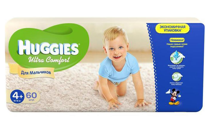 Huggies Подгузники для мальчиков Ultra Comfort 10-16 кг (размер 4+) 60 шт9403431 Huggies Подгузники для мальчиков Ultra Comfort 10-16 кг (размер 4+) 60 шт9403431Подгузники Huggies Ultra Comfort созданы специально для мальчиков и для девочек - чтобы им было удобно и комфортно в любой ситуации. Преимущества: Уникально расположенные впитывающие каналы. Быстро распределяют жидкость для уменьшения набухания и провисания подгузника там, где необходимо мальчикам - ближе к животику. Уникальный впитывающий слой. Быстро впитывает и расположен там, где необходимо мальчикам. Яркие герои Disney. Два замечательных дизайна в каждой упаковке, где от размера к размеру Baby-Miсkey растет вместе с малышом. Анатомическая форма подгузника между ножками. Для лучшего ощущения комфорта. Эластичный поясок и эластичные застежки для комфортного прилегания. Характеристики: Весовая категория: 10-16 кг. Количество: 60 шт. Размер: 4+.