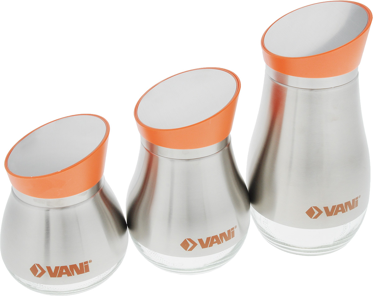 Набор банок для хранения сыпучих продуктов VANI, 3 штV9234 Набор банок для хранения сыпучих продуктов VANI, 3 штV9234Набор VANI состоит из трех банок для сыпучих продуктов. Емкости выполнены из экологически чистого стекла с обрамлением из нержавеющей стали. Каждая банка оснащена откручивающейся крышкой из пластика с отверстием. Банки сохраняют прекрасный внешний вид даже после многолетнего использования. Благодаря стеклянным стенкам вы всегда будете видеть остаток содержимого в банке. Во избежание повреждений поверхности не используйте для мытья металлические губки, абразивные материалы, хлор и кислотосодержащие очистители. Объем банок: 800 мл; 1,06 л; 1,55 л. Размер банок: 12,5 х 12,5 х 15,5 см; 13 х 13 х 19 см; 14 х 14 х 24,5 см.