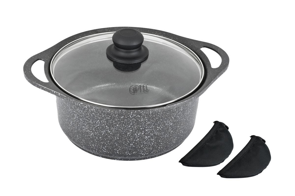 Кастрюля Gipfel Zenit, с крышкой, с антипригарным покрытием, 4,3 л0510 Кастрюля Gipfel Zenit, с крышкой, с антипригарным покрытием, 4,3 л0510Посуда Gipfel изготовлена только из качественных, экологически чистых материалов. Также уделяется особое внимание дизайну продукции, способному удовлетворять вкусы даже самых взыскательных покупателей. Сталь 8/10, из которой изготавливается посуда и аксессуары Gipfel, является уникальной. Она отличается высокими эксплуатационными характеристиками и крайне устойчива к физическим воздействиям. Сложно найти более подходящий для создания качественной кухонной посуды материал. Отличительной чертой металлической посуды, выполненной из подобной стали, является характерный сероватый оттенок поверхности и особый блеск. Преимущественной особенностью технологии является многослойное дно посуды, которое распределяет тепло по всей поверхности и позволяет сократить время приготовления пищи. Следует также отметить, что в посуде Gipfel можно готовить без воды и соли. Это позволяет приготовить более здоровую пищу.
