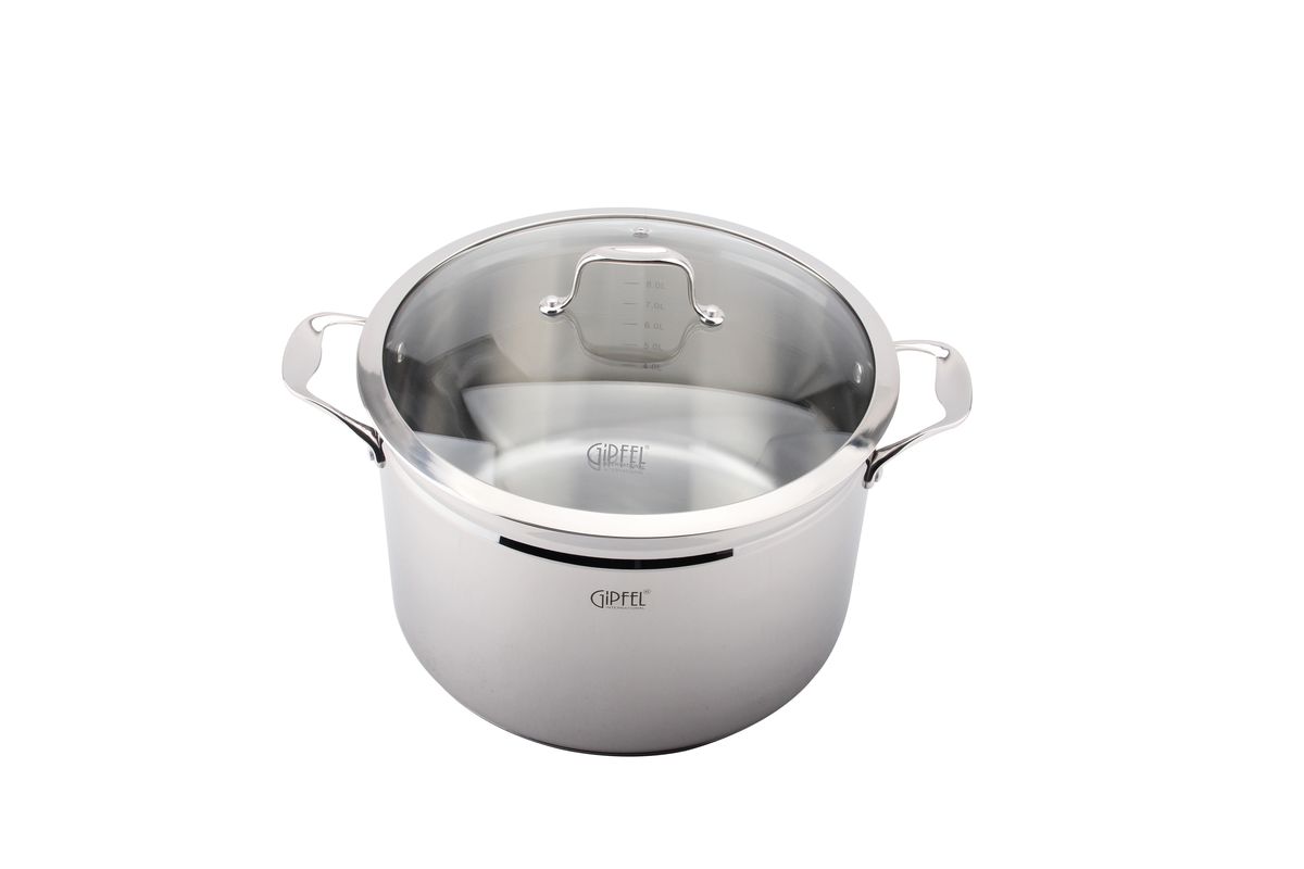 Кастрюля Gipfel Grande, 11 л1281 Кастрюля Gipfel Grande, 11 л1281Посуда Gipfel изготовлена только из качественных, экологически чистых материалов. Также уделяется особое внимание дизайну продукции, способному удовлетворять вкусы даже самых взыскательных покупателей. Сталь 8/10, из которой изготавливается посуда и аксессуары Gipfel, является уникальной. Она отличается высокими эксплуатационными характеристиками и крайне устойчива к физическим воздействиям. Сложно найти более подходящий для создания качественной кухонной посуды материал. Отличительной чертой металлической посуды, выполненной из подобной стали, является характерный сероватый оттенок поверхности и особый блеск. Преимущественной особенностью технологии является многослойное дно посуды, которое распределяет тепло по всей поверхности и позволяет сократить время приготовления пищи. Следует также отметить, что в посуде Gipfel можно готовить без воды и соли. Это позволяет приготовить более здоровую пищу.