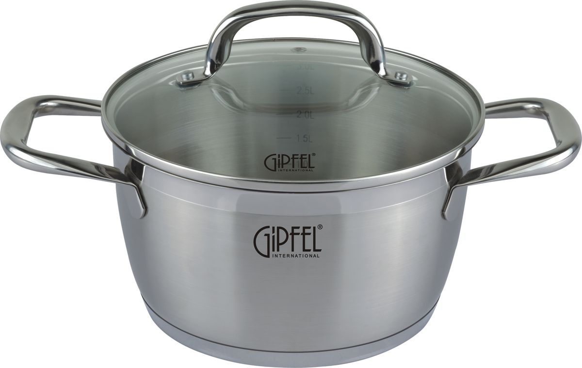Кастрюля Gipfel Era, с крышкой, 3 л1378 Кастрюля Gipfel Era, с крышкой, 3 л1378Кастрюля Gipfel Era изготовлена из высококачественной нержавеющей стали. Поверхность кастрюли имеет матовую полировку с блестящей полосой. Внутренние стенки кастрюли имеют отметки литража. Нержавеющая сталь отличается высокой экологической чистотой и долговечностью, устойчива к воздействию пищевых кислот, не образует соединений с компонентами пищи. Термоаккумулирующее дно с медной и алюминиевой прослойками обеспечивает быстрый нагрев, и длительное сохранение тепла. Жаропрочная стеклянная крышка плотно прилегает к краям посуды, имеет отверстие для выхода пара, сохраняя аромат и вкус блюд. При этом можно наблюдать за готовностью пищи без потери тепла. Крышка оснащена удобной ручкой. В кастрюле Gipfel Era можно готовить без воды и соли, что позволяет приготовить более здоровую пищу. Кастрюля подходит для всех типов плит, включая индукционные. Можно использовать в посудомоечной машине. Диаметр (по верхнему краю): 20 см. Высота стенок: 11 см. ...