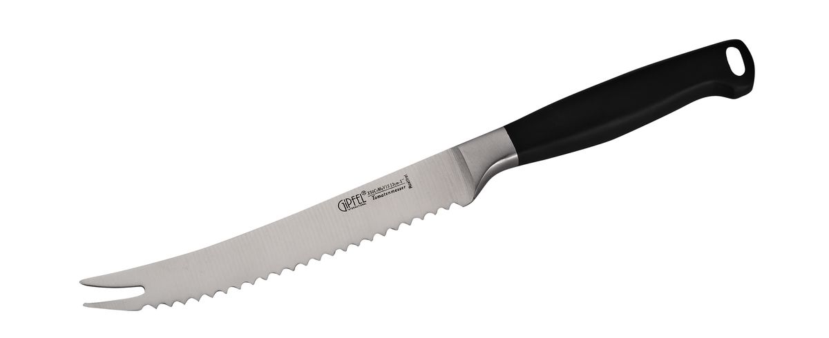 Нож для томатов Gipfel Professional Line, длина лезвия 13 см6725 Нож для томатов Gipfel Professional Line, длина лезвия 13 см6725Нож для томатов Gipfel Professional Line особенно удобно использовать для нарезки мягких плодов (томатов), овощей и т.п. Остро заточенное лезвие из высококачественной углеродистая стали имеет микро-зубчики и легко разрезает твердую кожицу плодов, не разрушая их мягкую сердцевину. Ручка выполнена из бакелита и способствует комфортному использованию ножа. На рукоятке имеется петля для подвешивания. Можно мыть в посудомоечной машине. Нож Gipfel Professional Line займет достойное место среди аксессуаров на вашей кухне.