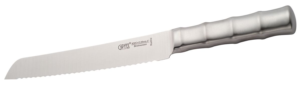 Нож для хлеба Gipfel, длина лезвия 20,32 см. 69356935 Нож для хлеба Gipfel, длина лезвия 20,32 см. 69356935Нож Gipfel выполнен из нержавеющей стали. Ножи из нержавеющей стали относятся к ножам более высокого класса. Удобная литая рукоятка ножа, выполненная из нержавеющей стали не позволит выскользнуть ему из руки. Этот нож с волнистым лезвием прекрасно подойдет для нарезки хлеба и других продуктов. Нож Gipfel займет достойное место среди аксессуаров на вашей кухне.