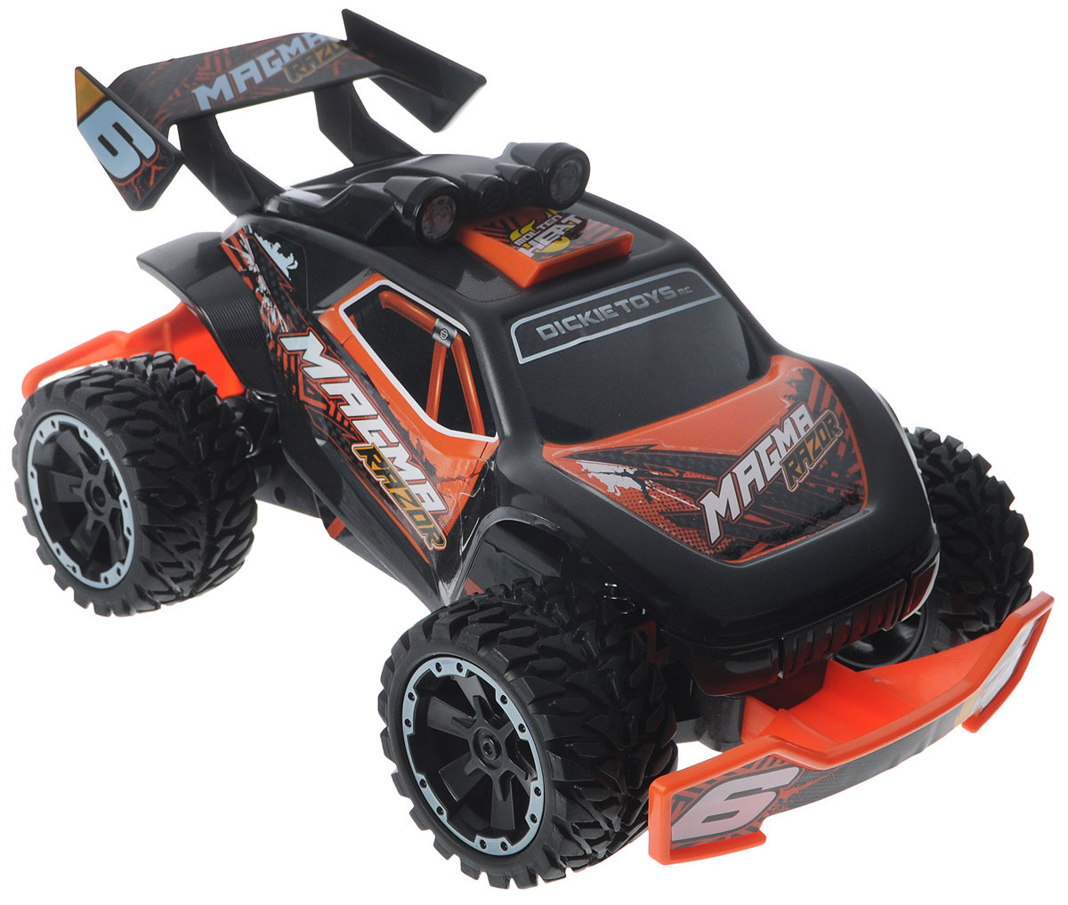 Dickie Toys Внедорожник на радиоуправлении Магма19083 Dickie Toys Внедорожник на радиоуправлении Магма19083Радиоуправляемый внедорожник Dickie Toys Магмаобязательно порадует вашего ребенка и подарит ему множество веселых игр и положительных эмоций. Ведь он может разгонятся до 20 км/ч. Эта машинка словно создана из огненной лавы и заставляет поверить в чудеса. Мощность ее составляет не более 10 мВт, а разнос каналов 50 кГц. Также возможно 2-х канальное управление. Этот внедорожник управляется ярким пультом с необычным современным дизайном, поэтому гонка на полу в детской комнате станет намного реалистичнее и захватывающе. Особенно внимание юного автолюбителя привлекут подсвечивание дисков джипа, а также звуковое сопровождение его езды. Рабочая частота 2,4ГГц, а максимальный коэффициент усиления антенны 3 дБ Машина работает от встроенного аккумулятора (входит в комплект). Пульт управления работает от 1 батарейки Крона (входит в комплект).