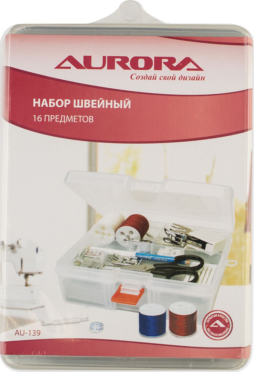 Набор швейный Aurora 16 предметовAU-139 Набор швейный Aurora 16 предметовAU-139Набор швейный 16 предметов. В набор входят: 1. Ножницы для выполнения мелких работ и подрезки нитей; 2. Карандаш 2-х цветный для нанесения разметки на ткань; 3. Нитевдеватель для швейных машин и оверлоков; 4. Иглы для швейной машины 5шт./упаковка: стандартные №№ 70-100; 5. Набор шпулей для швейной машины, 5шт./упаковка; 6. Нитка швейная, 200 м, цвет черный; 7. Нитка швейная, 200 м, цвет белый; 8. Нитка швейная, 200 м, цвет коричневый; 9. Нитка швейная, 200 м, цвет синий; 10. Нитка швейная, 200 м, цвет красный; 11. Лапка пластиковая для вшивания потайной молнии; 12. Лапка шагающая, 7мм; 13. Лапка тефлоновая; 14. Лапка оверлочная; 15. Лапка с линейкой; 16. Лапка для трикотажа.