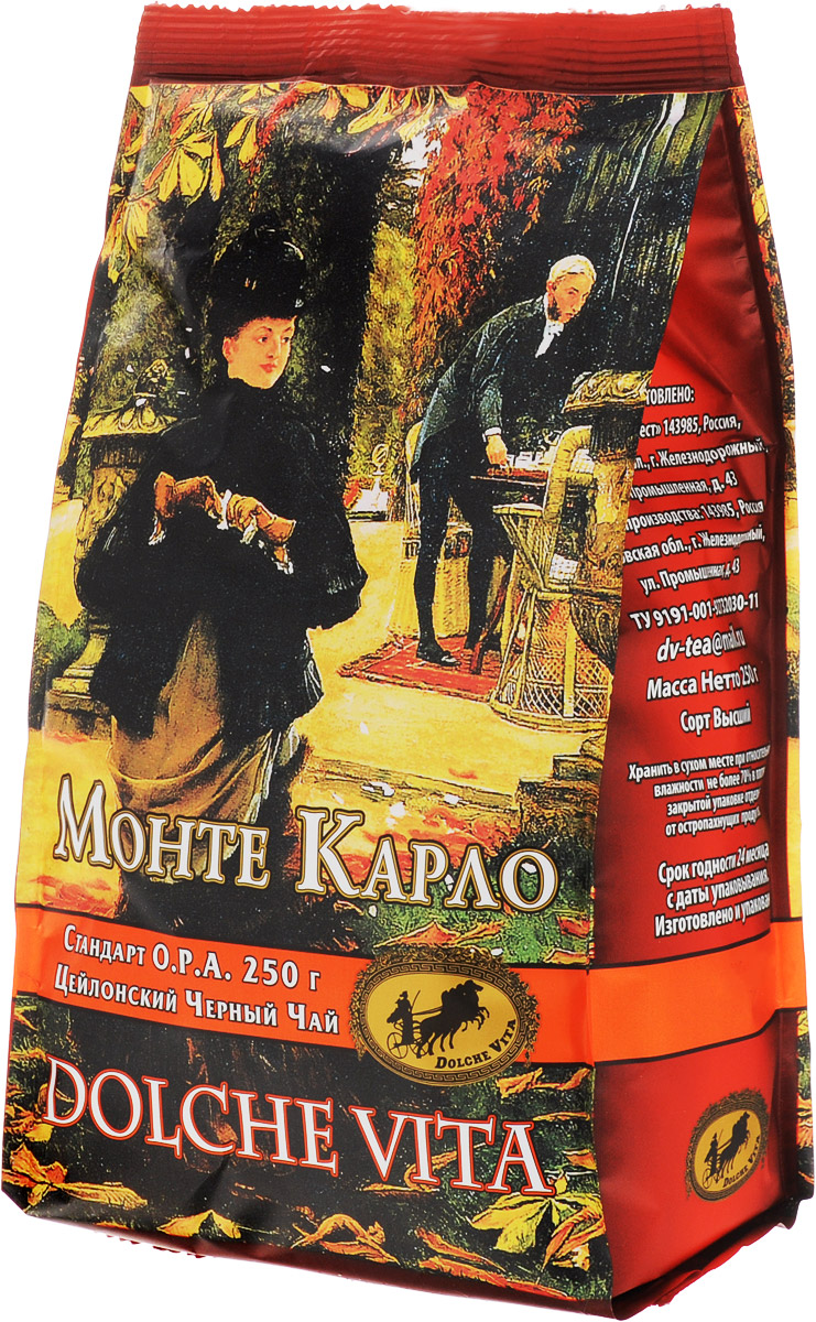 Dolche Vita Монте Карло черный листовой чай, 250 г21305 Dolche Vita Монте Карло черный листовой чай, 250 г21305Цейлонский крупнолистовой черный байховый чай Dolche Vita Монте Карло. Стандарт O.P.A.