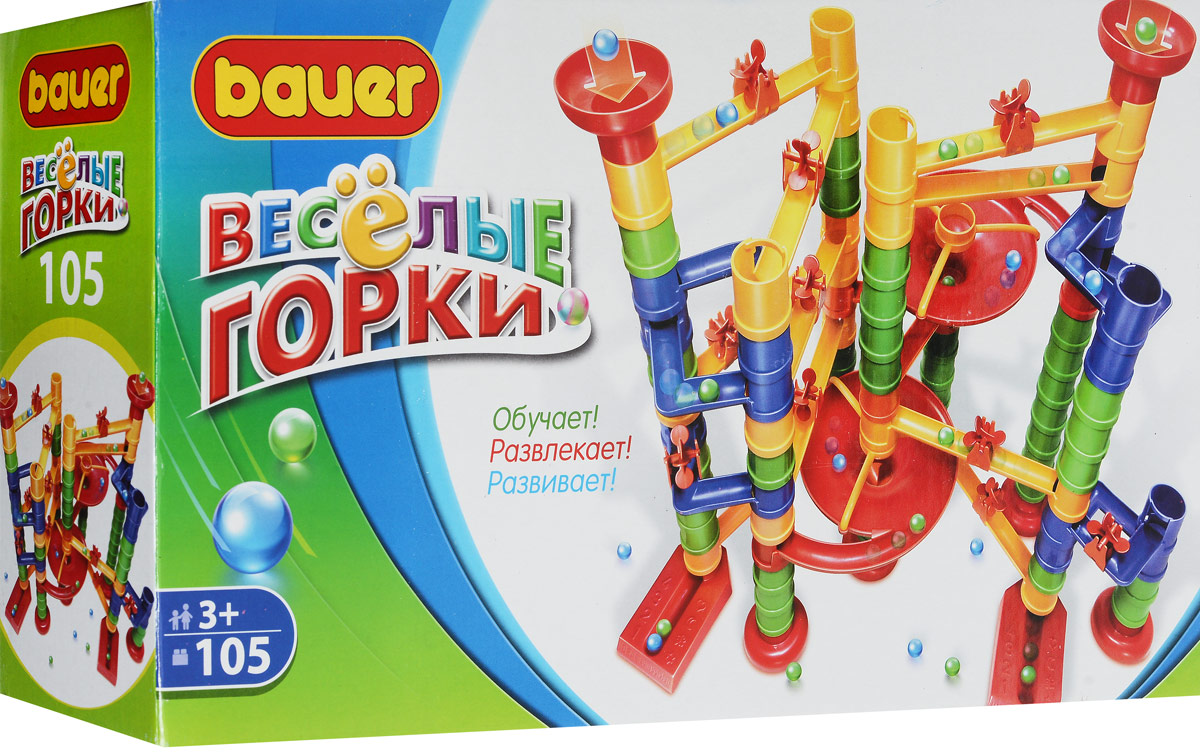 Bauer Конструктор Веселые горки 274274 Bauer Конструктор Веселые горки 274274Конструктор Bauer Веселые горки надолго займет вашего малыша. Суть игры Веселые горки заключается в правильном построении маршрута для шарика. Некоторые варианты сборки многоуровневого маршрута указаны на упаковке. В игре могут участвовать несколько игроков одновременно, соревнуясь, чей шарик придёт к финишу первым. Конструктор прекрасно подходит для детского творчества и семейного отдыха, способствуют развитию объёмного мышления ребенка, фантазии, координации движения глаз, мелкой моторики и памяти. В составе конструктора 105 деталей различных форм, цветов и размеров. Набор изготовлен из высококачественного пластика с использованием пищевых красителей. В процессе игры ребенок изучает цвета, геометрические фигуры и пространственное моделирование. Конструктор способствует развитию воображения, совершенствует мелкую моторику рук, стимулирует творческую активность ребенка.