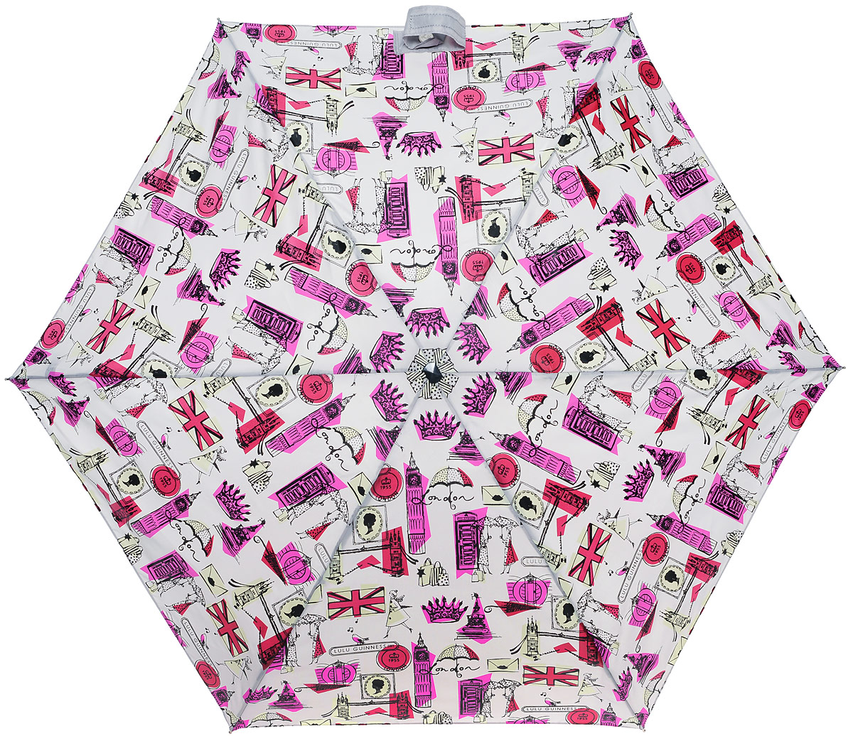 Зонт женский Lulu Guinness Tiny, механический, 5 сложений, цвет: бежевый, мультиколор. L717-2551L717-2551 LondonPrintGrey Зонт женский Lulu Guinness Tiny, механический, 5 сложений, цвет: бежевый, мультиколор. L717-2551L717-2551 LondonPrintGreyСтильный механический зонт Lulu Guinness Tiny в 5 сложений даже в ненастную погоду позволит вам оставаться элегантной. Облегченный каркас зонта выполнен из 6 спиц из фибергласса и алюминия, стержень также изготовлен из алюминия, удобная рукоятка - из пластика. Купол зонта выполнен из прочного полиэстера. В закрытом виде застегивается хлястиком на кнопке. Яркий оригинальный рисунок с лондонскими мотивами поднимет настроение в дождливый день. Зонт механического сложения: купол открывается и закрывается вручную до характерного щелчка. На рукоятке для удобства есть небольшой шнурок, позволяющий надеть зонт на руку тогда, когда это будет необходимо. К зонту прилагается чехол, который оформлен нашивкой с названием бренда. Такой зонт компактно располагается в кармане, сумочке, дверке автомобиля.