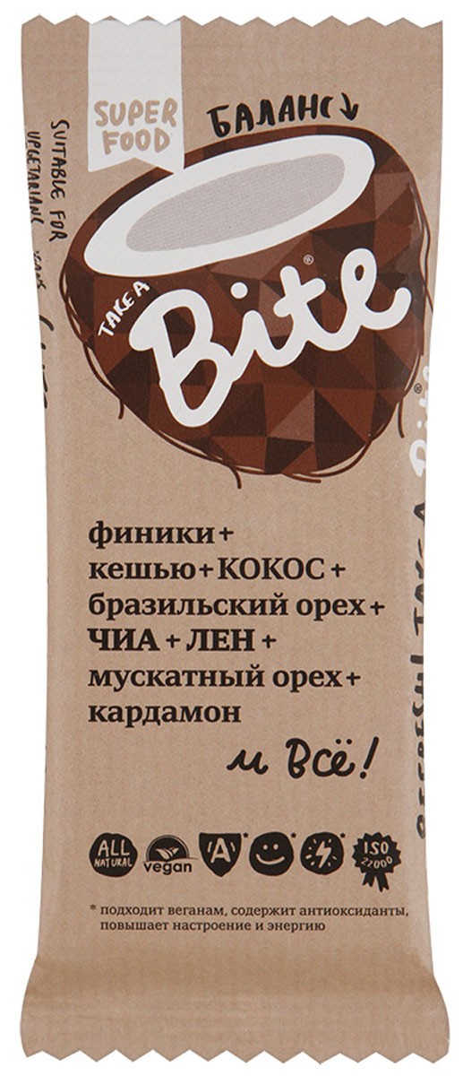 Take A Bite Баланс батончик орехово-фруктовый, 45 г4650062590399 Take A Bite Баланс батончик орехово-фруктовый, 45 г4650062590399Кокос бодрит! А в сочетании с бразильским орехом нормализует уровень сахара, поддерживает баланс жидкости в организме и приводит в норму обмен веществ. Баланс, гармония и бодрость - все вместе в батончике Take A Bite Баланс! Уважаемые клиенты! Обращаем ваше внимание, что полный перечень состава продукта представлен на дополнительном изображении.