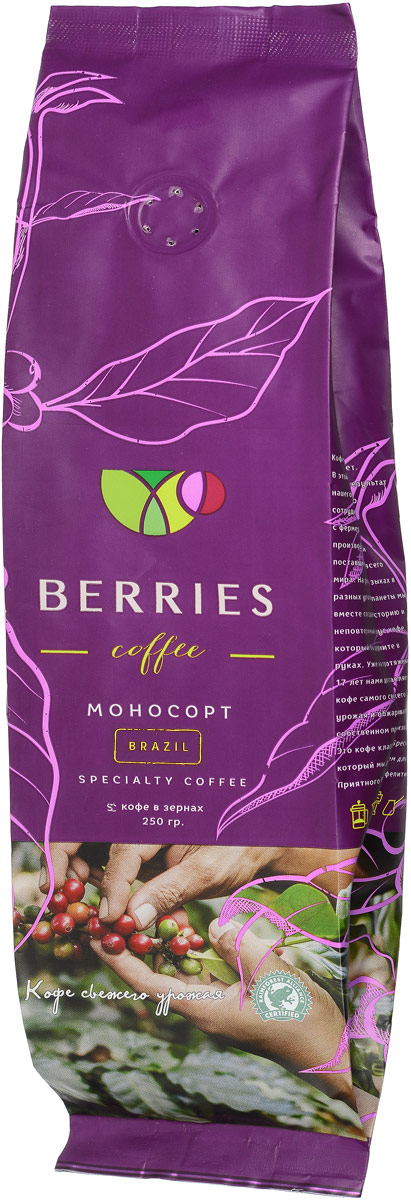 Berries Coffee Brazil моносорт кофе в зернах, 250 гЦБ115605 Berries Coffee Brazil моносорт кофе в зернах, 250 гЦБ115605Плотный обволакивающий, кисловатый вкус, с оттенками карамели, шоколада и орехов.