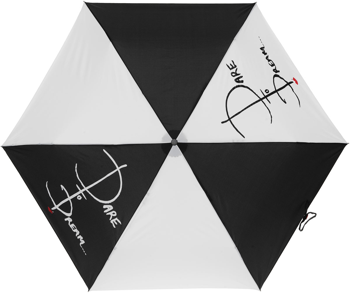 Зонт женский Lulu Guinness Superslim, механический, 3 сложения, цвет: черный, белый. L718-3148L718-3148 DaretoDream Зонт женский Lulu Guinness Superslim, механический, 3 сложения, цвет: черный, белый. L718-3148L718-3148 DaretoDreamСтильный механический зонт Lulu Guinness Superslim в 3 сложения даже в ненастную погоду позволит вам оставаться элегантной. Облегченный каркас зонта выполнен из 6 спиц из фибергласса и алюминия, стержень также изготовлен из алюминия, удобная рукоятка - из пластика. Купол зонта выполнен из прочного полиэстера. В закрытом виде застегивается хлястиком на кнопке. Яркий оригинальный принт в виде надписи Dare To Dream… поднимет настроение в дождливый день. Зонт механического сложения: купол открывается и закрывается вручную до характерного щелчка. На рукоятке для удобства есть небольшой шнурок, позволяющий надеть зонт на руку тогда, когда это будет необходимо. К зонту прилагается чехол который дополнительно застегивается на липучку. Чехол также оформлен надписью Dare To Dream…. Такой зонт компактно располагается в кармане, сумочке, дверке автомобиля.