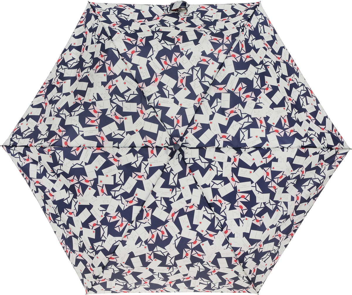 Зонт женский Lulu Guinness Superslim, механический, 3 сложения, цвет: темно-синий, белый. L718-3081L718-3081 EnvelopePrint Зонт женский Lulu Guinness Superslim, механический, 3 сложения, цвет: темно-синий, белый. L718-3081L718-3081 EnvelopePrintСтильный механический зонт Lulu Guinness Superslim в 3 сложения даже в ненастную погоду позволит вам оставаться элегантной. Облегченный каркас зонта выполнен из 6 спиц из фибергласса и алюминия, стержень также изготовлен из алюминия, удобная рукоятка - из пластика. Купол зонта выполнен из прочного полиэстера. В закрытом виде застегивается хлястиком на кнопке. Яркий оригинальный рисунок в виде конвертов поднимет настроение в дождливый день. Зонт механического сложения: купол открывается и закрывается вручную до характерного щелчка. На рукоятке для удобства есть небольшой шнурок, позволяющий надеть зонт на руку тогда, когда это будет необходимо. К зонту прилагается чехол который дополнительно застегивается на липучку. Чехол оформлен небольшой нашивкой с названием бренда. Такой зонт компактно располагается в кармане, сумочке, дверке автомобиля.
