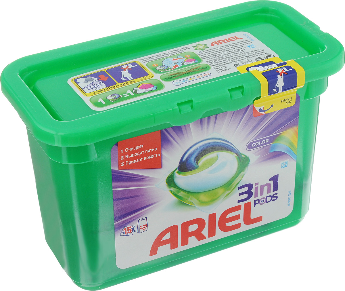 Гель в капсулах Ariel Pods 3 в 1 Color, 15 штAG-81519867 Гель в капсулах Ariel Pods 3 в 1 Color, 15 штAG-81519867Гель в капсулах Ariel Pods 3 в 1 Color очищает, выводит пятна, придает яркость. Это первое средство для стирки с тремя раздельными компонентами, которые работают вместе. Благодаря специальной быстрорастворимой пленке компоненты находятся в отдельных секциях капсулы, что предотвращает их смешивание до начала стирки. Капсулы предназначены для использования в стиральных машинах любого типа. Товар сертифицирован.