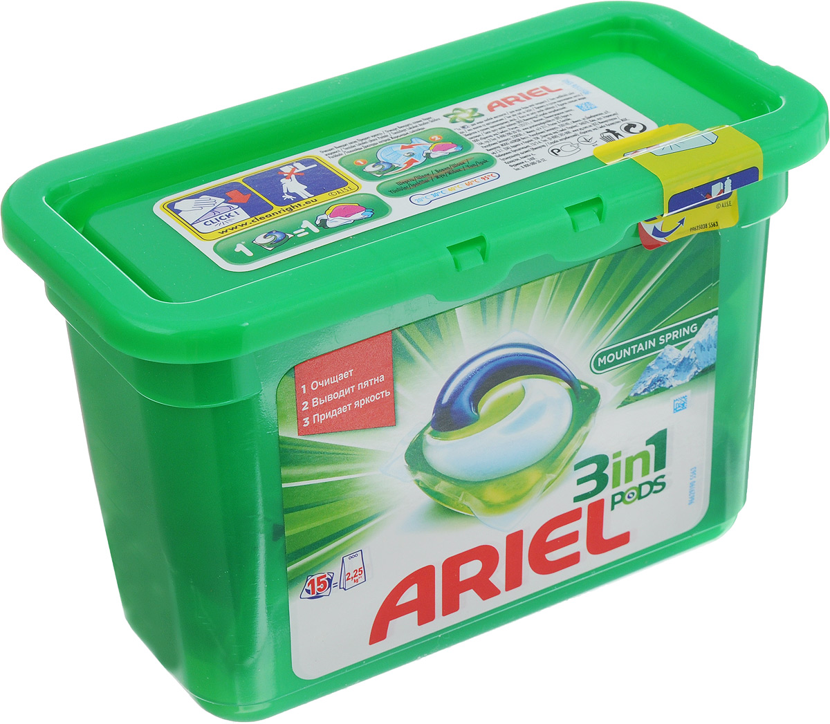 Гель в капсулах Ariel Pods 3 в 1 Горный родник, 15 штAG-81551493 Гель в капсулах Ariel Pods 3 в 1 Горный родник, 15 штAG-81551493Гель в капсулах Ariel Pods 3 в 1 Горный родник очищает, выводит пятна, придает яркость. Это первое средство для стирки с тремя раздельными компонентами, которые работают вместе. Благодаря специальной быстрорастворимой пленке компоненты находятся в отдельных секциях капсулы, что предотвращает их смешивание до начала стирки. Капсулы предназначены для использования в стиральных машинах любого типа. Товар сертифицирован.