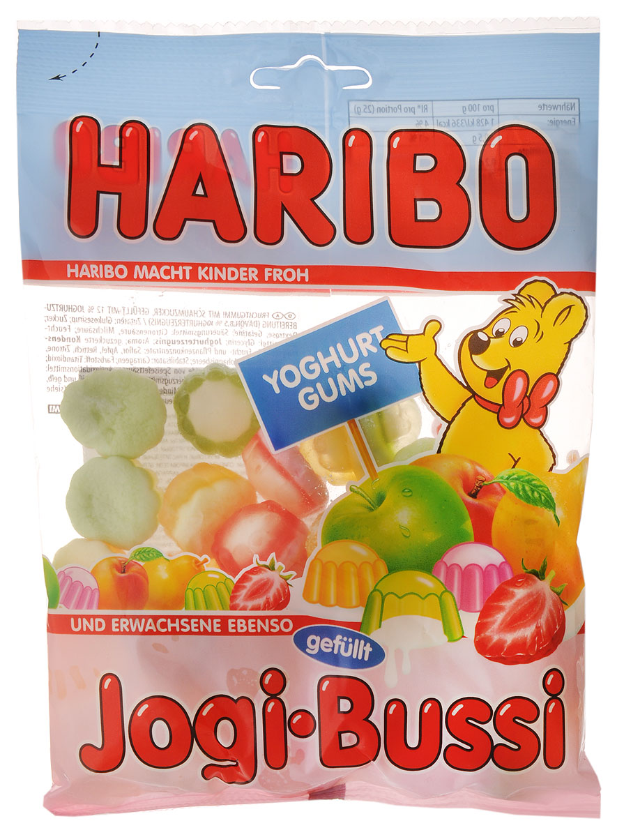 Haribo Jogi-Bussi жевательный мармелад, 200 г37503 Haribo Jogi-Bussi жевательный мармелад, 200 г37503Нежный йогурт на пенной сахарной подушечке под прозрачным колпачком из ароматного фруктового мармелада - три вкусных удовольствия в каждой конфетке Jogi-Bussi от Haribo! Уважаемые клиенты! Обращаем ваше внимание, что полный перечень состава продукта представлен на дополнительном изображении.