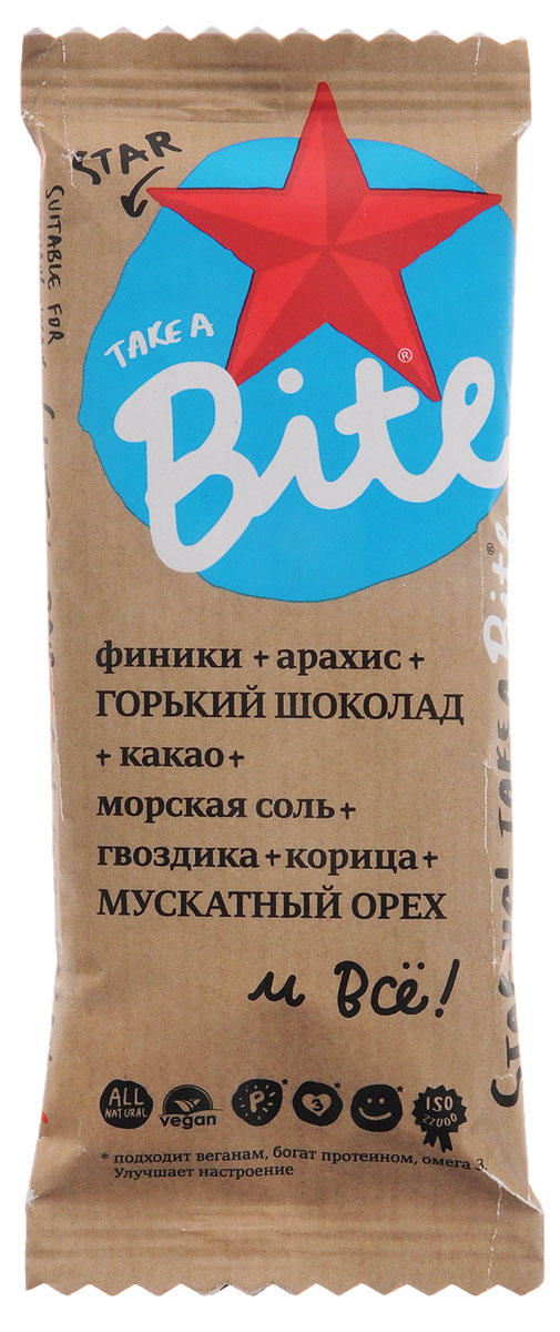 Take A Bite Star батончик орехово-фруктовый, 45 г4650062590740 Take A Bite Star батончик орехово-фруктовый, 45 г4650062590740Для тех, кто не боится менять стереотипы. Для сильных духом со здоровым телом. Будьте мечтой, будьте сильными вместе с батончиком Take A Bite Star. Уважаемые клиенты! Обращаем ваше внимание, что полный перечень состава продукта представлен на дополнительном изображении.