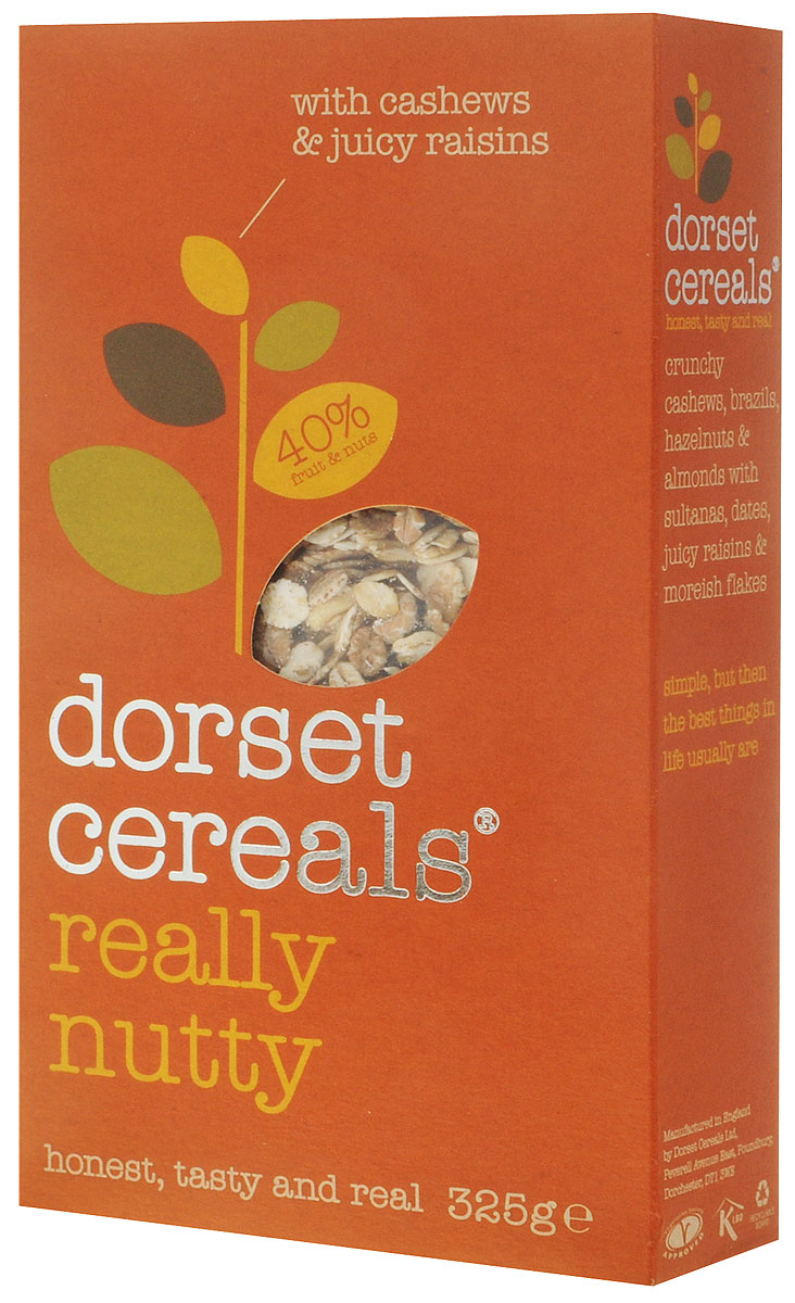 Dorset Cereals 4 ореха мюсли, 325 гбйж001 Dorset Cereals 4 ореха мюсли, 325 гбйж001Мюсли Dorset Cereals 4 ореха с миксом кешью, бразильского ореха, фундука, миндаля и изюма. Не подвергаются термической обработке и сохраняют полезные элементы цельного овсяного зерна. Являются сбалансированным и полноценным завтраком, который помогает пищеварению и поддерживает обменные процессы в организме. Уважаемые клиенты! Обращаем ваше внимание, что полный перечень состава продукта представлен на дополнительном изображении.