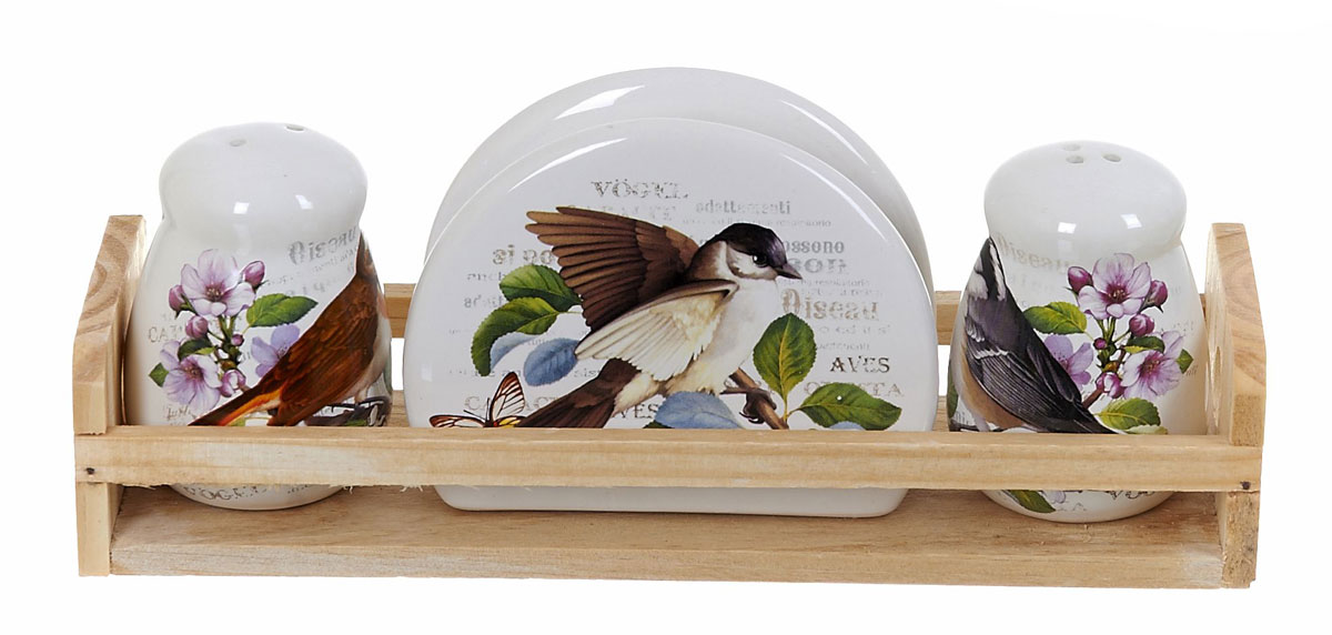 Набор для специй Polystar Birds, 4 предметаL2430769 Набор для специй Polystar Birds, 4 предметаL2430769Набор Birds выполнен из керамики, на деревянной подставке. Благодаря своим компактным размерам не займет много места на вашей кухне. Солонка и перечница декорированы оригинальным орнаментом. В набор вошли: солонка, перечница, салфетница, подставка. Набор Birds для соли и перца станет отличным подарком каждой хозяйке. Размер набора: 24 x 8 x 9,5 см.