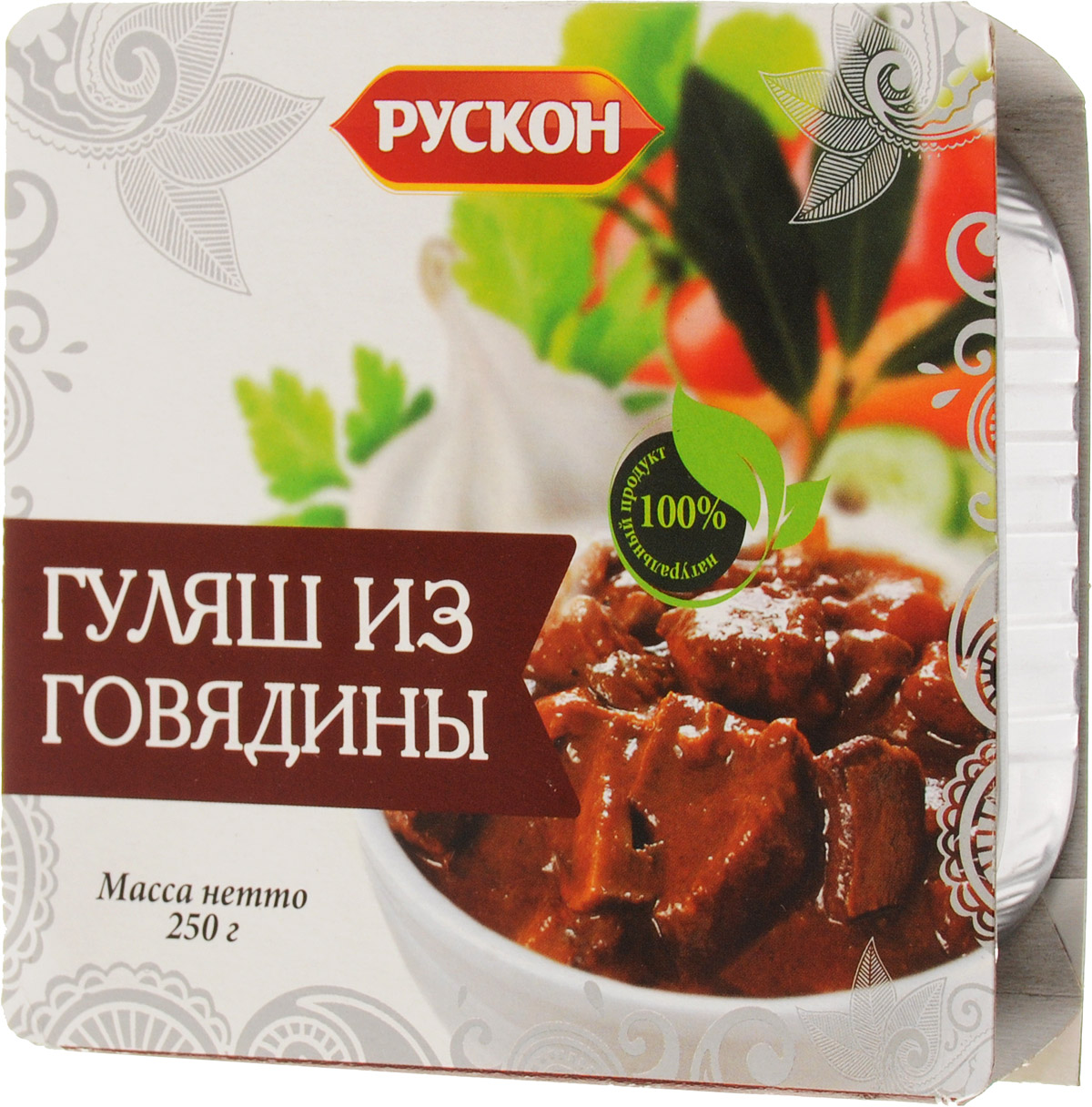 Рускон гуляш из говядины, 250 г5348 Рускон гуляш из говядины, 250 г5348Гуляш из говядины Рускон - мясные, кусковые консервы. 100% натуральный продукт. Не содержит ГМО! Без консервантов, без сои. Уважаемые клиенты! Обращаем ваше внимание, что полный перечень состава продукта представлен на дополнительном изображении.
