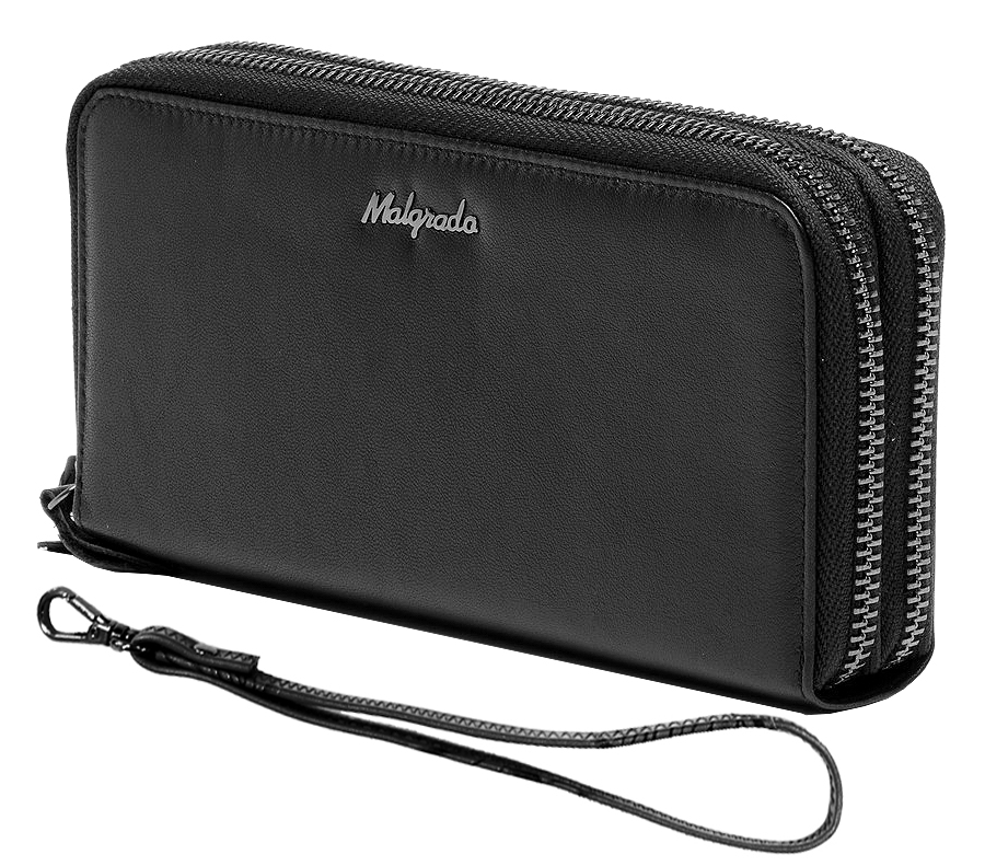 Кошелек Malgrado, цвет: черный. 73007-55D73007-55D Black Кошелек Malgrado, цвет: черный. 73007-55D73007-55D BlackКошелек Malgrado изготовлен из натуральной кожи черного цвета. Изделие имеет два основных отделения, которые закрываются на застежки-молнии. Внутри отделения для визиток находится два потайных кармашка, прозрачное окошко для фотографии и 8 кармашков для пластиковых карт и визиток. Внутри второго отделения расположено два отдела для купюр, разделенных средником на молнии для мелочи, а также два потайных кармашка. В комплекте - отстегивающийся ремешок для запястья на замке-карабине. Такой кошелек - это невероятно функциональный аксессуар. Его можно использовать в качестве визитницы, а также вечерней сумочки. Он стильно дополнит ваш образ и станет незаменимым предметом вашего гардероба. Кошелек упакован в подарочную металлическую коробку синего цвета. Характеристики: Материал: натуральная кожа, текстиль, металл. Цвет: черный. Размер (ДхШхВ): 19,5 см х 10 см х 3,5 см. Длина ремешка для запястья: 20 см.