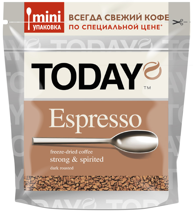 Today Espresso кофе растворимый, 37,5 г5060300570516 Today Espresso кофе растворимый, 37,5 г5060300570516Mini упаковка TODAY специально разработана для сохранения свежести и аромата, кофе просто не успевает утратить своих качеств, поэтому каждая чашка совершенная, как первая.