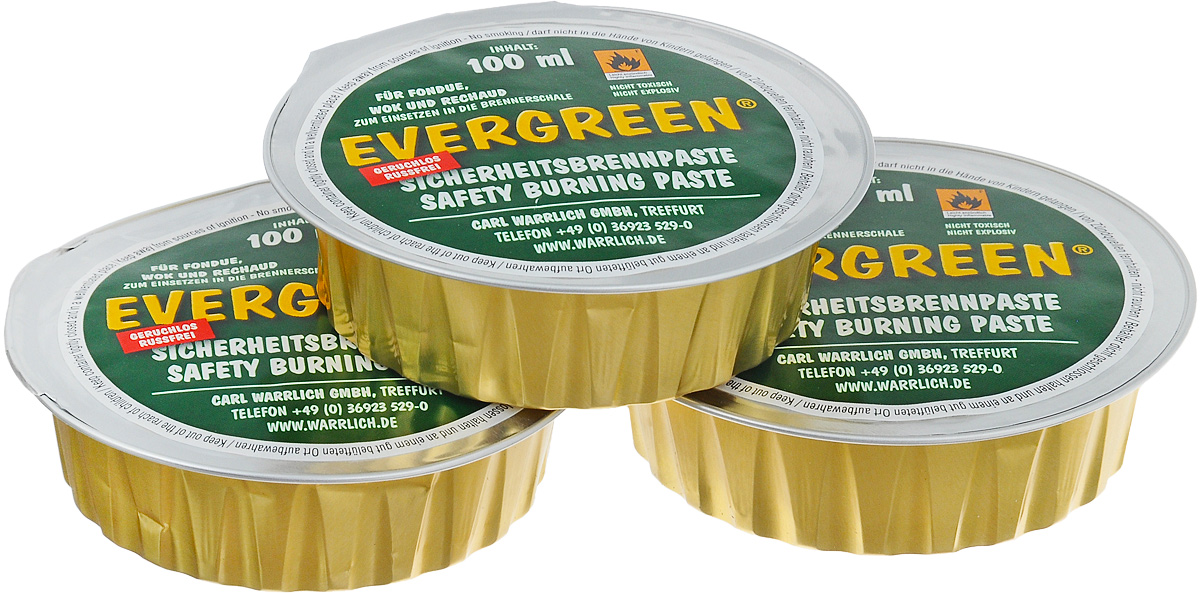 Горючее для фондю Carl Warrlich Evergreen, 3 х 100 мл0059900 Горючее для фондю Carl Warrlich Evergreen, 3 х 100 мл0059900Горючее для фондю Carl Warrlich Evergreen - очень удобное средство и является источником тепла для приготовления фондю. Также заменяет средство для розжига для мангалов, грилей. Гель безопасен, не токсичен, горит без запаха и гари, безвреден для окружающей среды, он изготовлен на основе чистого этанола. Набор включает в себя три баночки с гелем, выполненные из алюминиевой фольги. Объем одной баночки с гелем: 100 мл. Количество баночек: 3 шт.