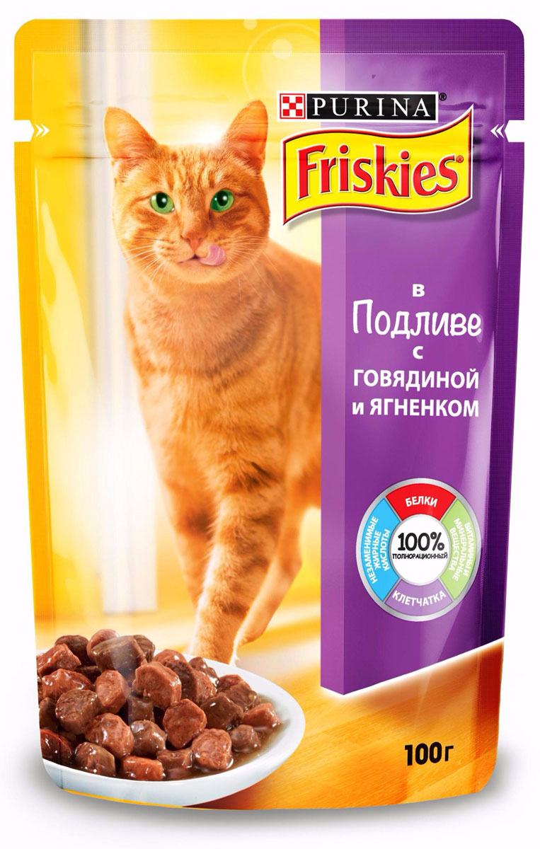 Консервы для кошек Friskies, с говядиной и ягненком в подливе, 100 г12227710 Консервы для кошек Friskies, с говядиной и ягненком в подливе, 100 г12227710Friskies является полнорационным и сбалансированным питанием с белком, минеральными веществами, таурином и Омега-6 жирными кислотами - все, что необходимо вашей кошке каждый день. Состав: мясо и продукты его переработки (26%, из которых говядина 4%, ягненок 4%), злаки, минеральные вещества, сахара, витамины. Пищевая ценность: белок 7,0%, жир 3,0%, сырая клетчатка 0,2%, сырая зола 1,9% ,влажность 82,5%, линолевая кислота (омега 6 жирные кислоты) 0,4%. Добавленные вещества: витамин А - 660 МЕ/кг, витамин D3 - 100 МЕ/кг, железо - 23 мг/кг, йод - 0,29 мг/кг, медь - 2,6 мг/кг, марганец - 4,5 мг/кг, цинк - 37 мг/кг, таурин - 420 мг/кг. Товар сертифицирован.