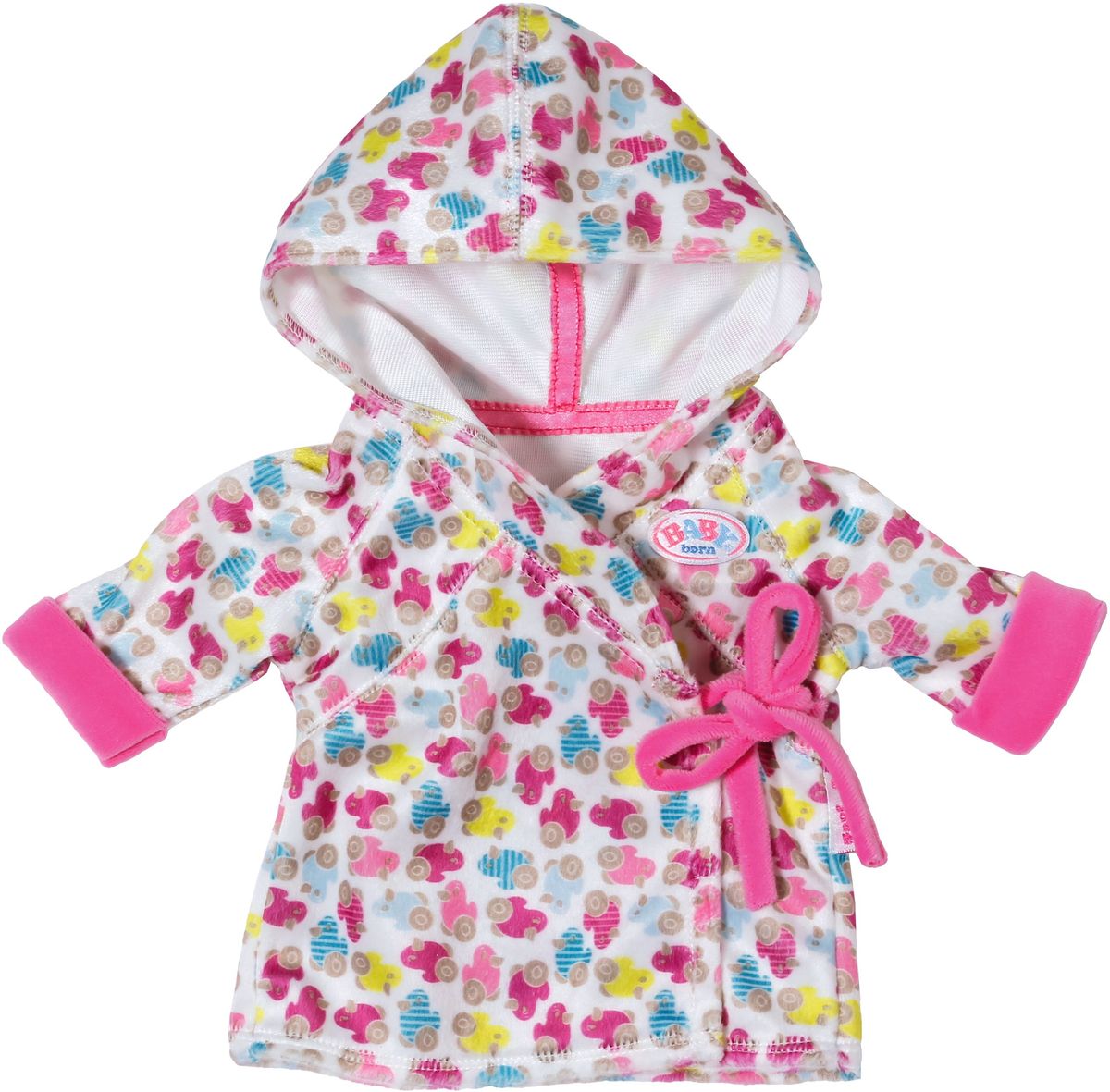 Baby Born Халат с капюшоном для кукол822-463 Baby Born Халат с капюшоном для кукол822-463Теплый халатик с капюшоном фирменной расцветки Baby Born. Пусть куколка чувствует себя тепло и уютно после купания.
