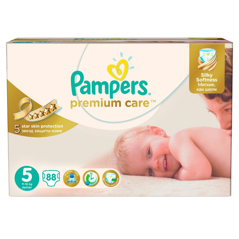 Pampers Premium Care Подгузники 5, 11-25 кг, 88 штPA-81407294 Pampers Premium Care Подгузники 5, 11-25 кг, 88 штPA-814072945 звезд защиты для идеальной кожи малыша! Pampers Premium Care - это лучшие подгузники Pampers, созданные специально для превосходной защиты нежнейшей кожи малышей. Подгузник состоит только из гипоаллергенных материалов, что очень важно для кожи новорожденного. Pampers Premium Care 5 звезд защиты кожи. - УЛЬТРАсухие: впитывающий слой DryMax обеспечивает сухость до 12 часов - УЛЬТРАзащита: пропитка бальзамом Алоэ для дополнительной защиты кожи - УЛЬТРАтонкие: самый тонкий из подгузников Pampers - УЛЬТРАприлегающие: суперэластичные мягкие боковинки растягиваются до 10 см, исключая протекание и помогая предотвратить раздражение кожи - УЛЬТРАкомфортные: мягкие, как хлопок, с дышащим слоем, содержат гипоаллергенные материалы, застегиваются на липучки