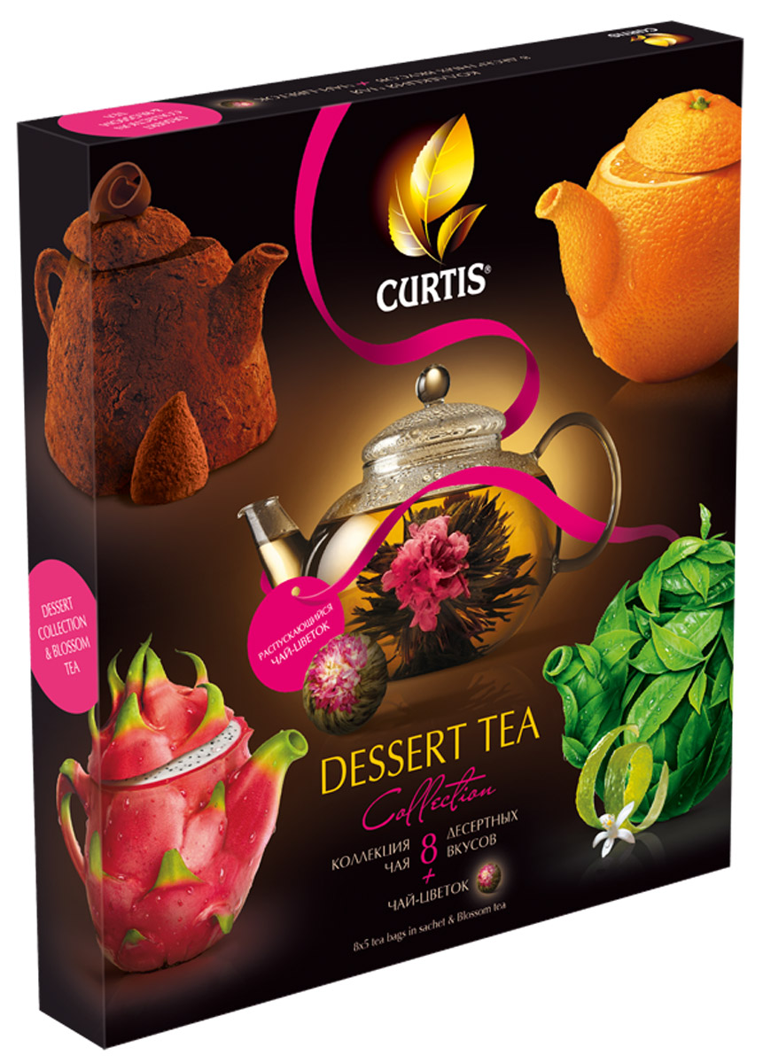 Curtis Dessert Blooming Tea Collection чай черный в пакетиках, 85,5 г516700 Curtis Dessert Blooming Tea Collection чай черный в пакетиках, 85,5 г516700Сочетание великолепного чая и знаменитых десертов рождает новую изысканную форму удовольствия - десертную коллекцию чая Curtis. Утонченные ароматы и соблазнительные вкусы: шоколадный. ореховый, фруктовый, карамельный... вы сразу почувствуете, почему это горячее лакомство лучше, чем обычный десерт. В набор входят: Truffle: Цейлонский черный байховый чай со вкусом трюфеля в пакетиках. Orange&Chocokate: Цейлонский черный байховый чай со вкусом шоколада и апельсина в пакетиках. Cremy Praline: Цейлонский черный байховый чай со вкусом крем-пралине в пакетиках. Original Ceylon: Цейлонский черный байховый чай в пакетиках. Original Green: Китайский зеленый байховый чай в пакетиках. Mango: Китайский зеленый байховый чай с ароматом манго в пакетиках. Earl Grey: Цейлонский черный байховый чай с ароматом бергамота в пакетиках. Curtis Bountea: ...