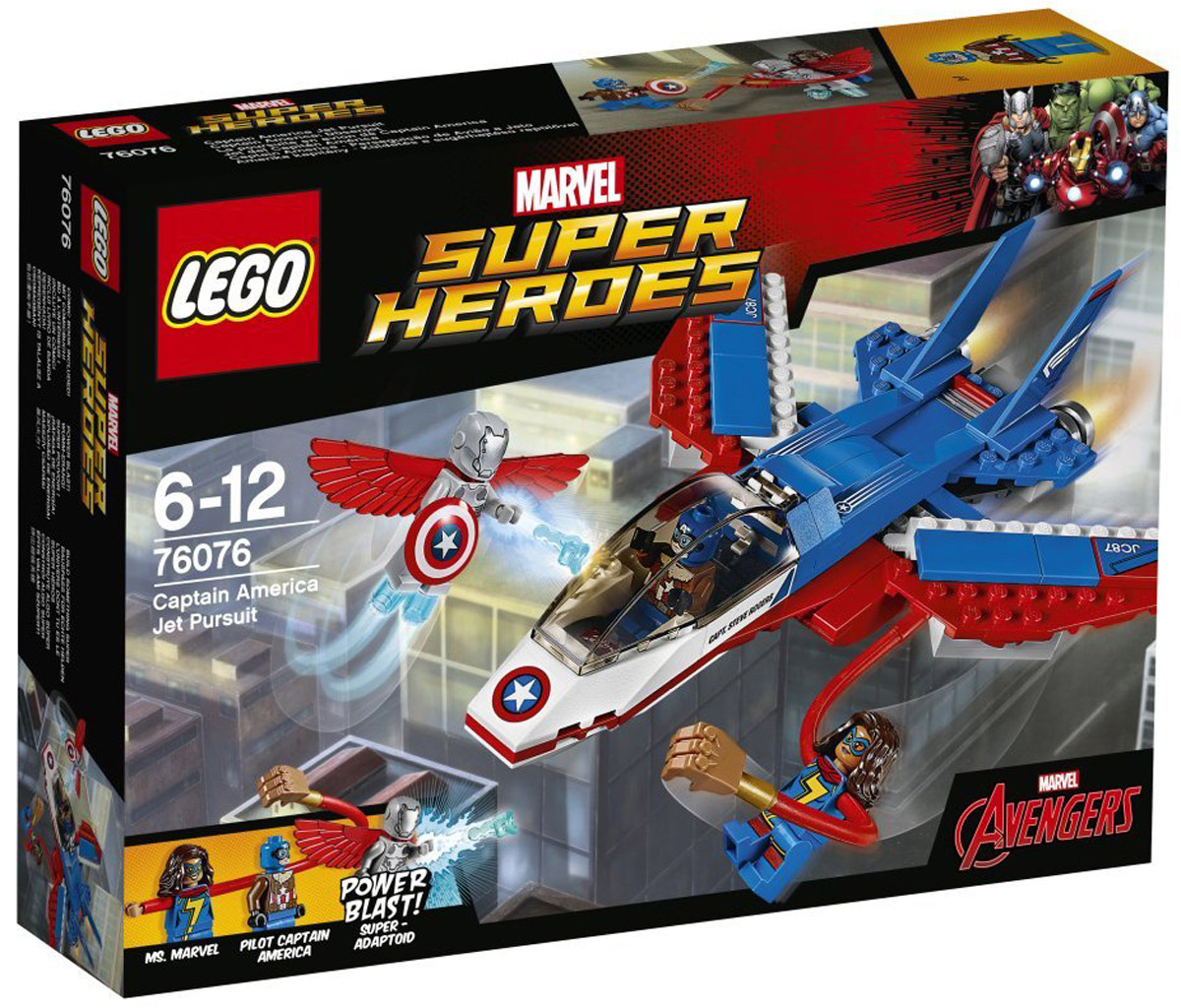 LEGO Super Heroes Конструктор Воздушная погоня Капитана Америка 7607676076 LEGO Super Heroes Конструктор Воздушная погоня Капитана Америка 7607676076Суперадаптоид украл щит Капитана Америка и пытается сбежать! Отправляйтесь в погоню на летательном аппарате Капитана Америка! Хватайте беглеца телескопическими супер-руками Мисс Марвел. Стреляйте в злодея-андроида из дисковых метателей, и помните о том, что он может сразить вас Энергетическим потоком! Набор включает в себя 160 разноцветных пластиковых элементов. Конструктор станет замечательным сюрпризом вашему ребенку, который будет способствовать развитию мелкой моторики рук, внимательности, усидчивости и мышления. Играя с конструктором, ребенок научится собирать детали по образцу, проводить время с пользой и удовольствием.